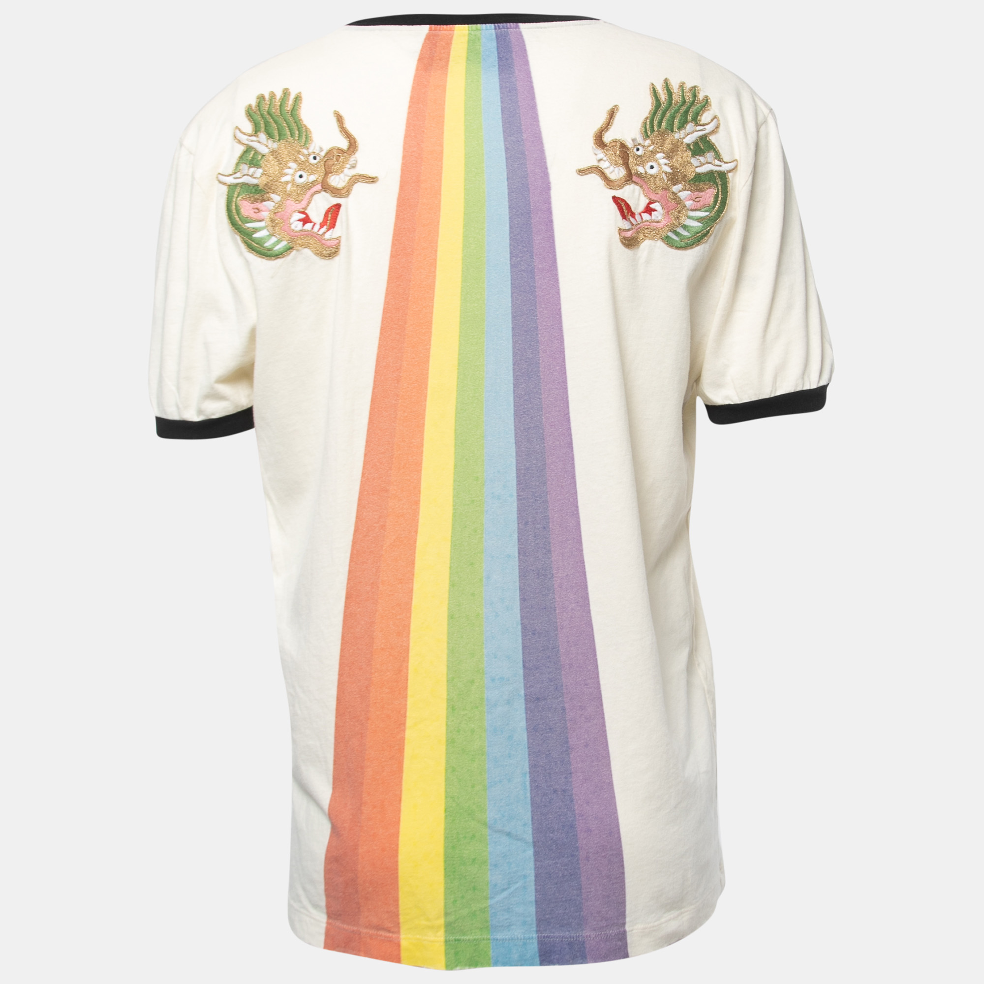 

Gucci Cream Ufo Rainbow Print Cotton Distressed Crew Neck Half Sleeve T-Shirt