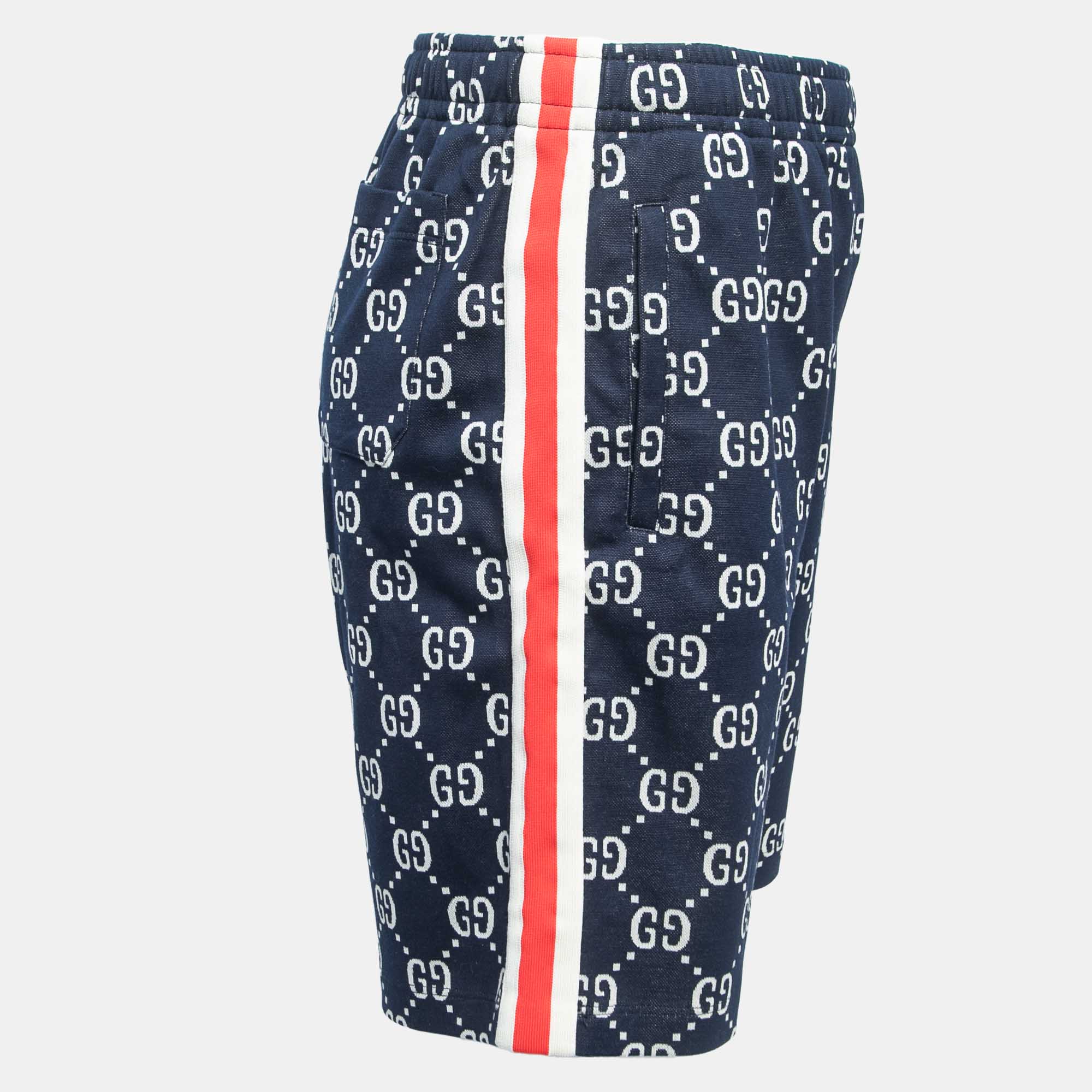 

Gucci Navy Blue GG Pattered Cotton Side Stripe Shorts