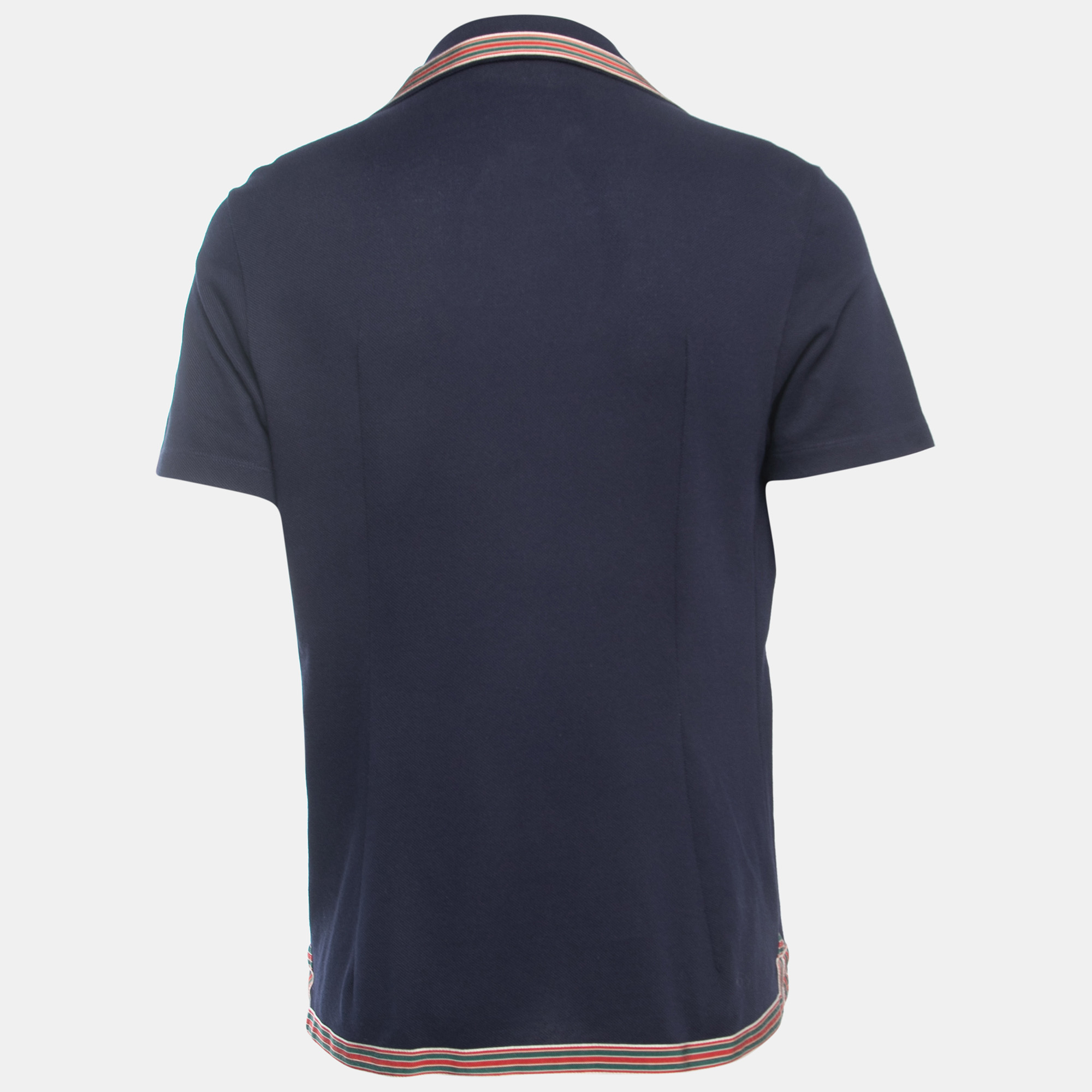 

Gucci Navy Blue Logo Embroidered Cotton Pique Web Detailed Button Front Polo T-Shirt
