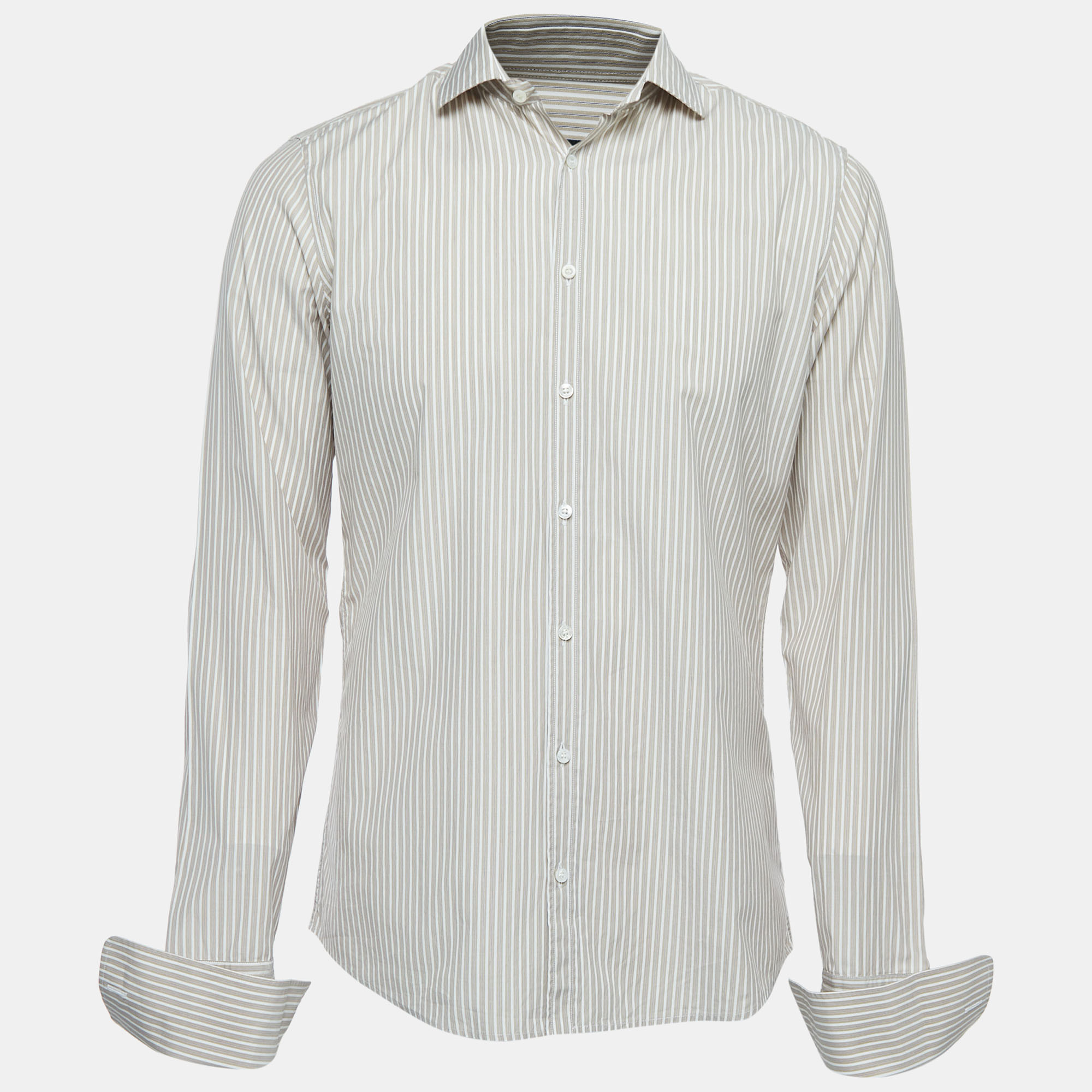 Pre-owned Gucci Beige Pinstripe Cotton Button Front Double Cuff Shirt M