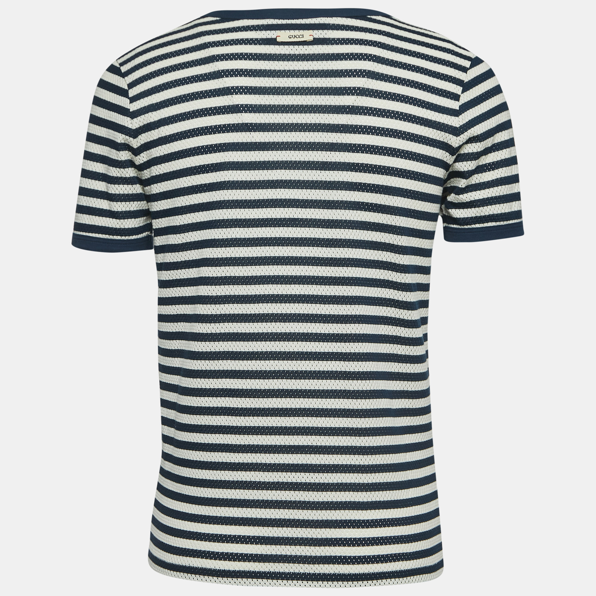 

Gucci X Disney Navy Blue Striped Cotton Embroidered Patch Half Sleeve T-Shirt