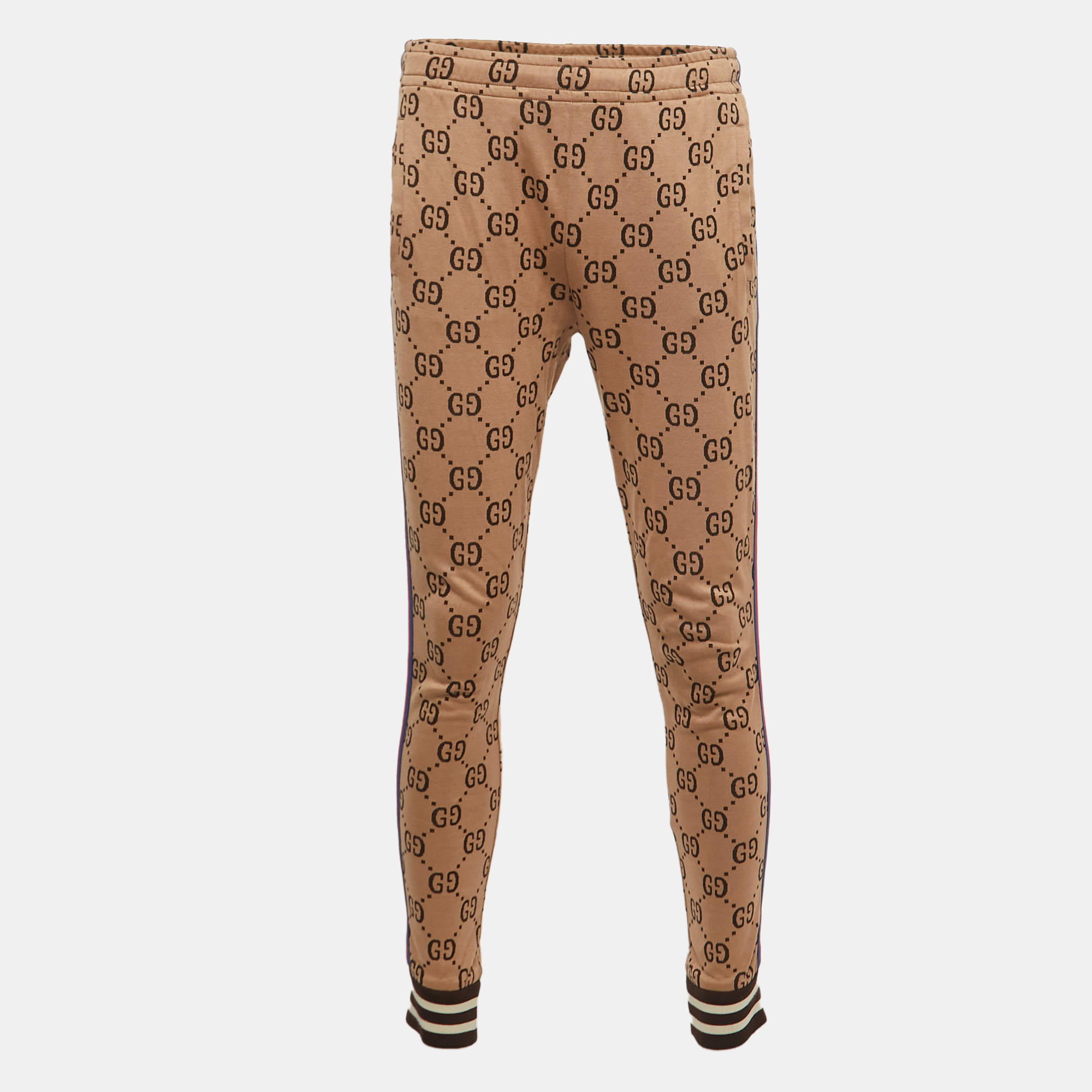 Pre-owned Gucci Beige Gg Patterned Cotton Web Detailed Jog Trousers M