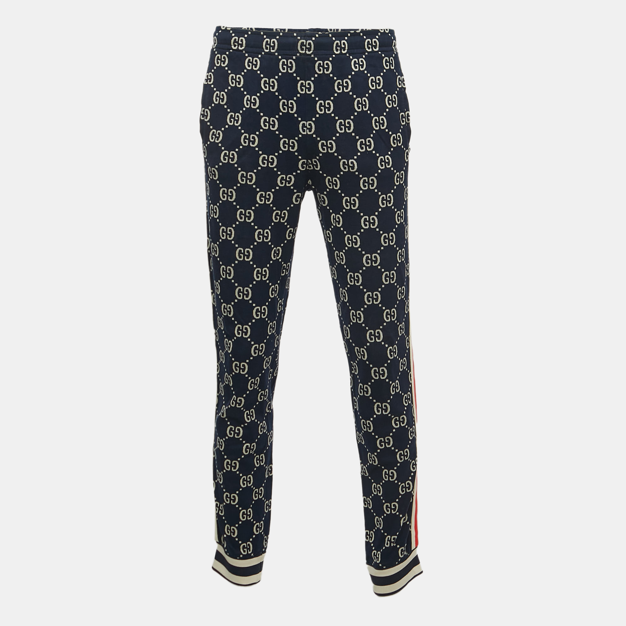 Gucci Navy Blue All-Over Logo Print Jersey Joggers XL