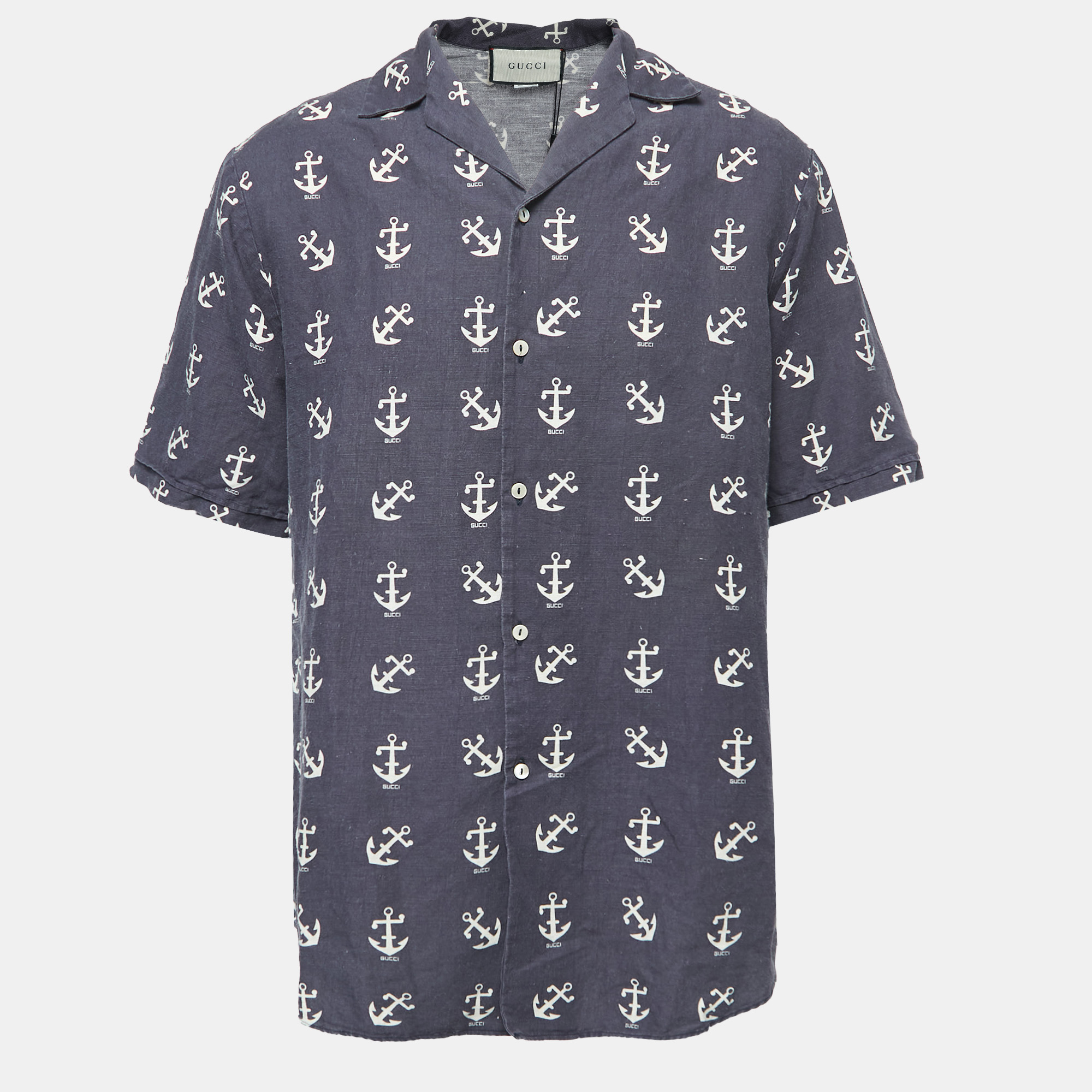 

Gucci Black Anchor Print Linen Blend Oversized Bowling Shirt