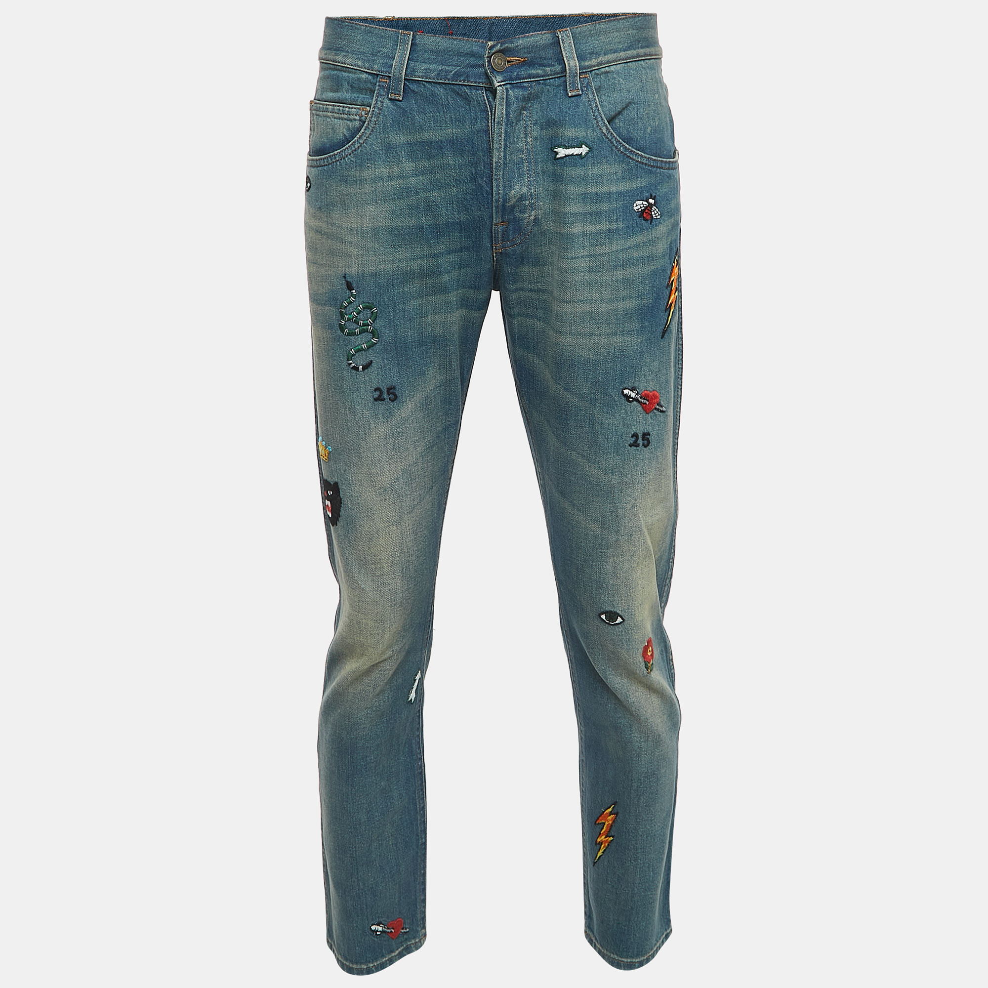 

Gucci Blue Washed & Embroidered Denim Jeans  Waist 34