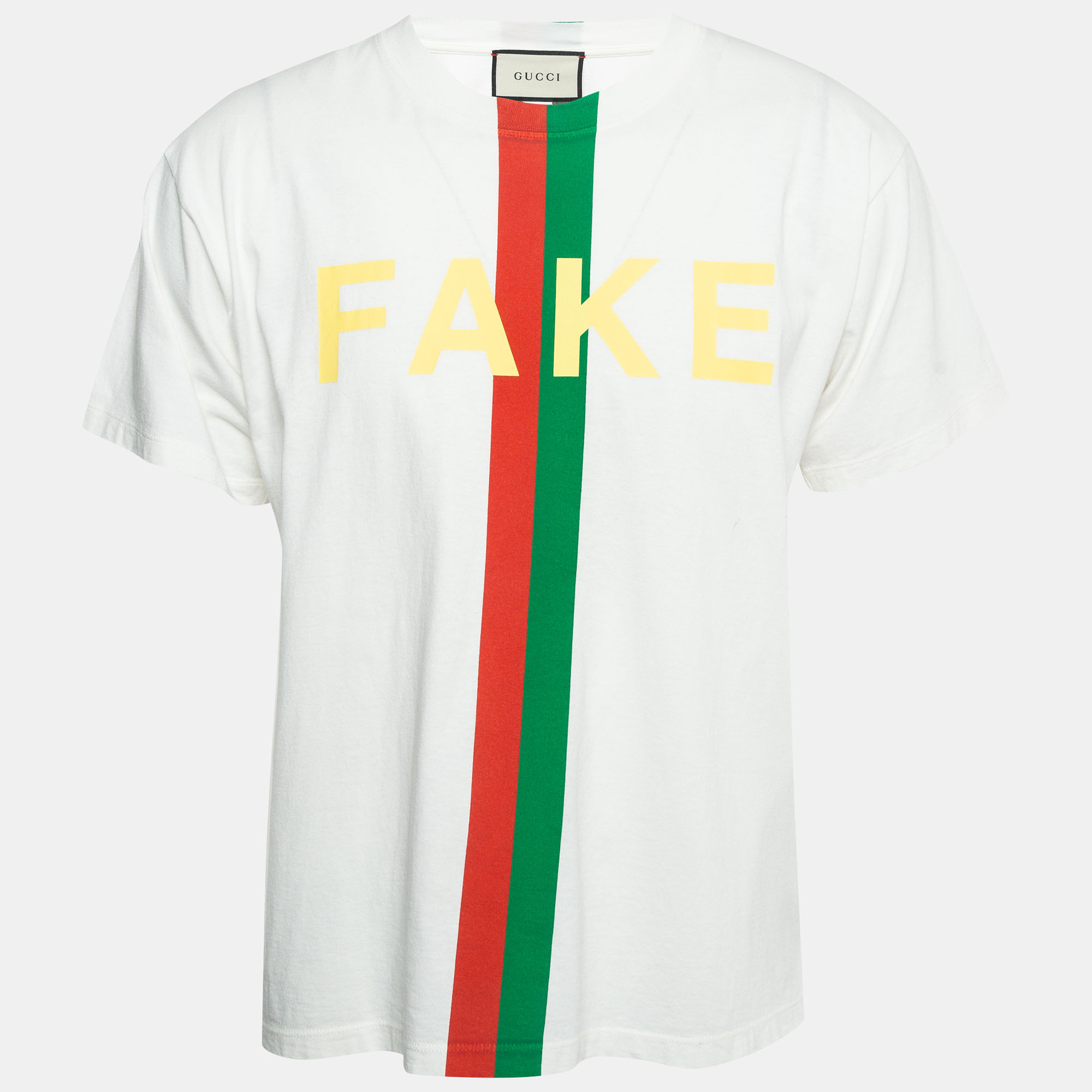 Pre-owned Gucci White Fake Not Print Cotton Crew Neck T-shirt Xs