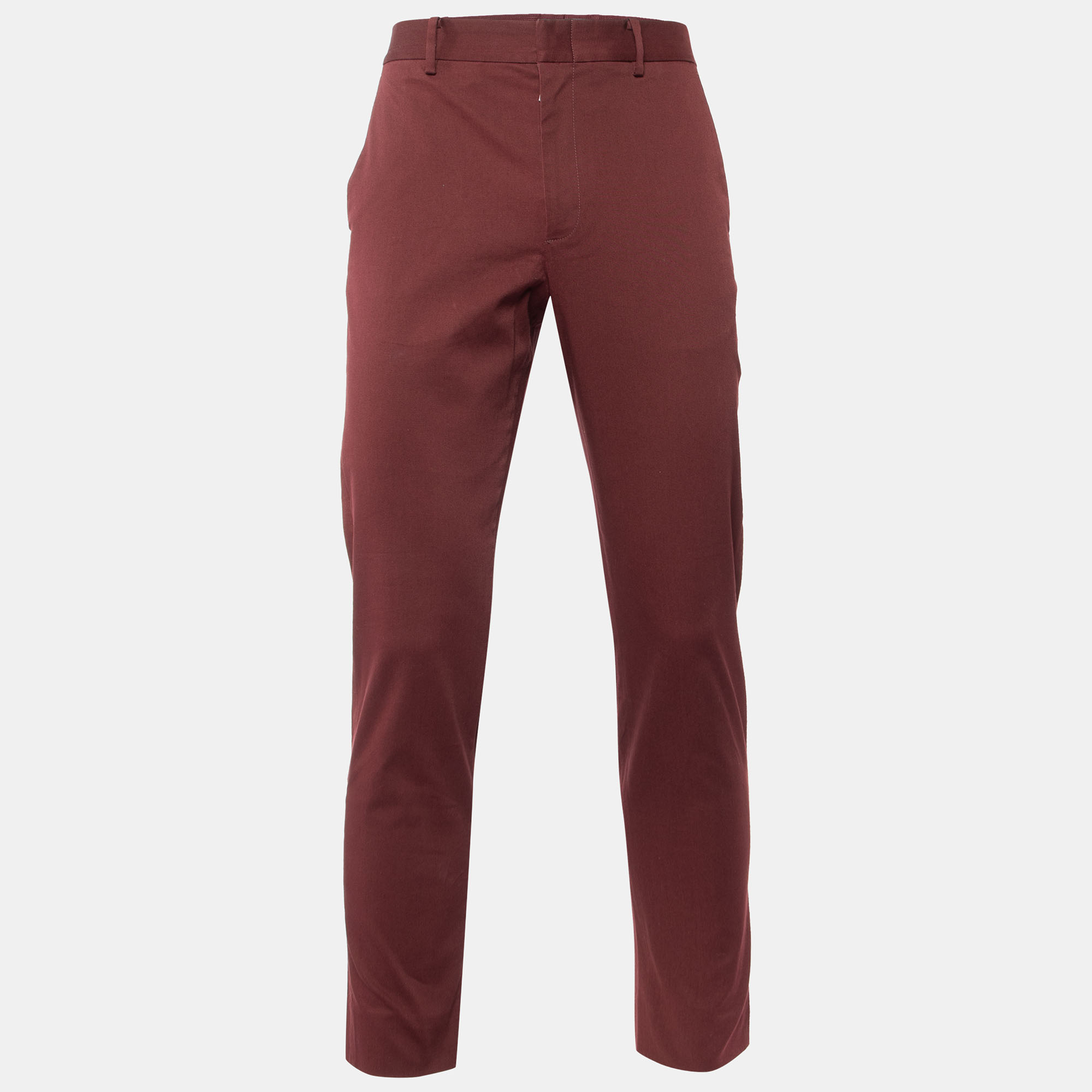 Pre-owned Gucci Burnt Maroon Cotton Slim Fit Trousers M In Burgundy