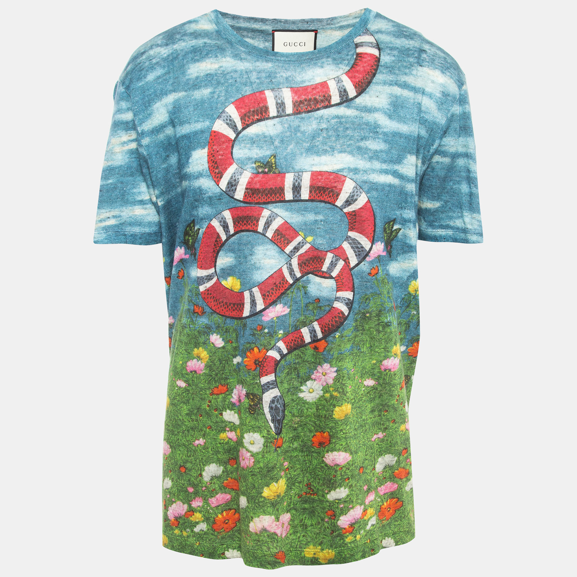 Pre-owned Gucci Multicolor Snake Garden Printed Linen Knit T-shirt M