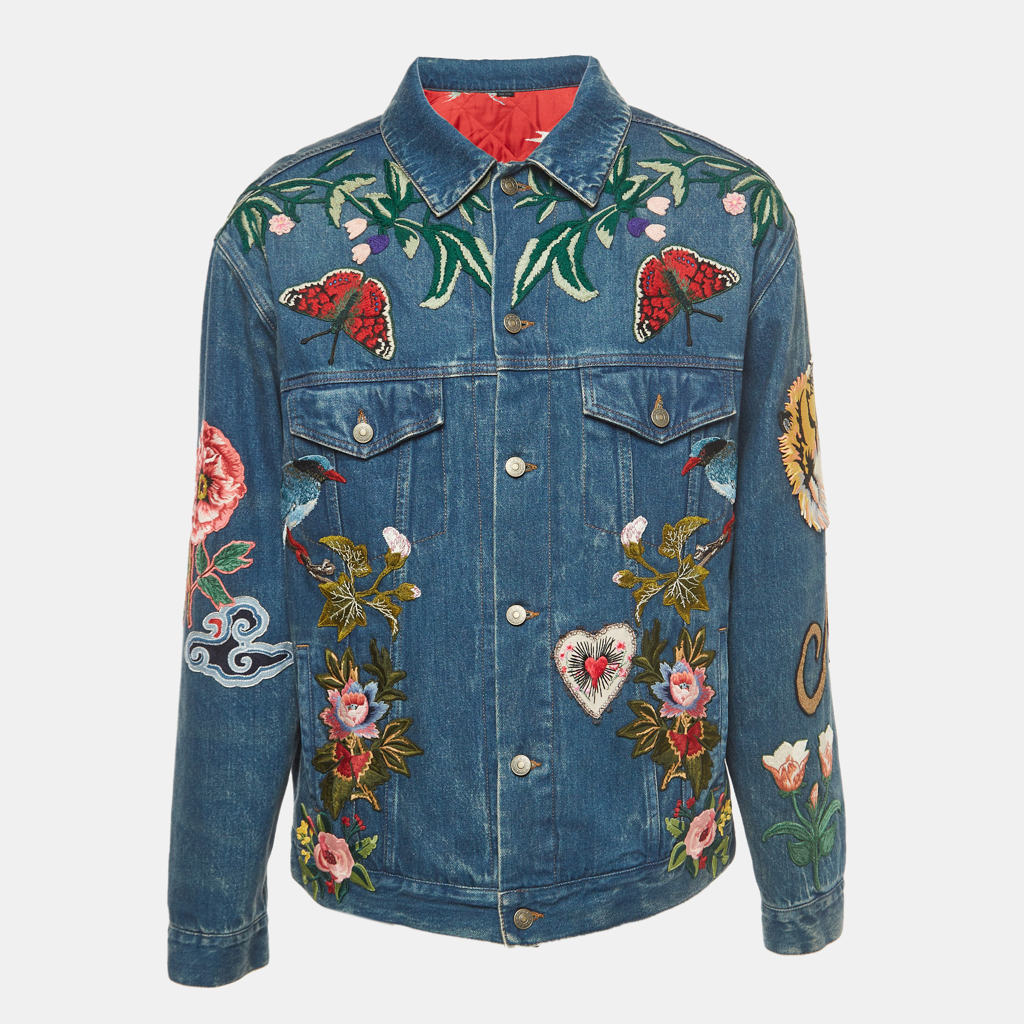 Pre-owned Gucci Blue Floral Embroidered Denim Jacket L