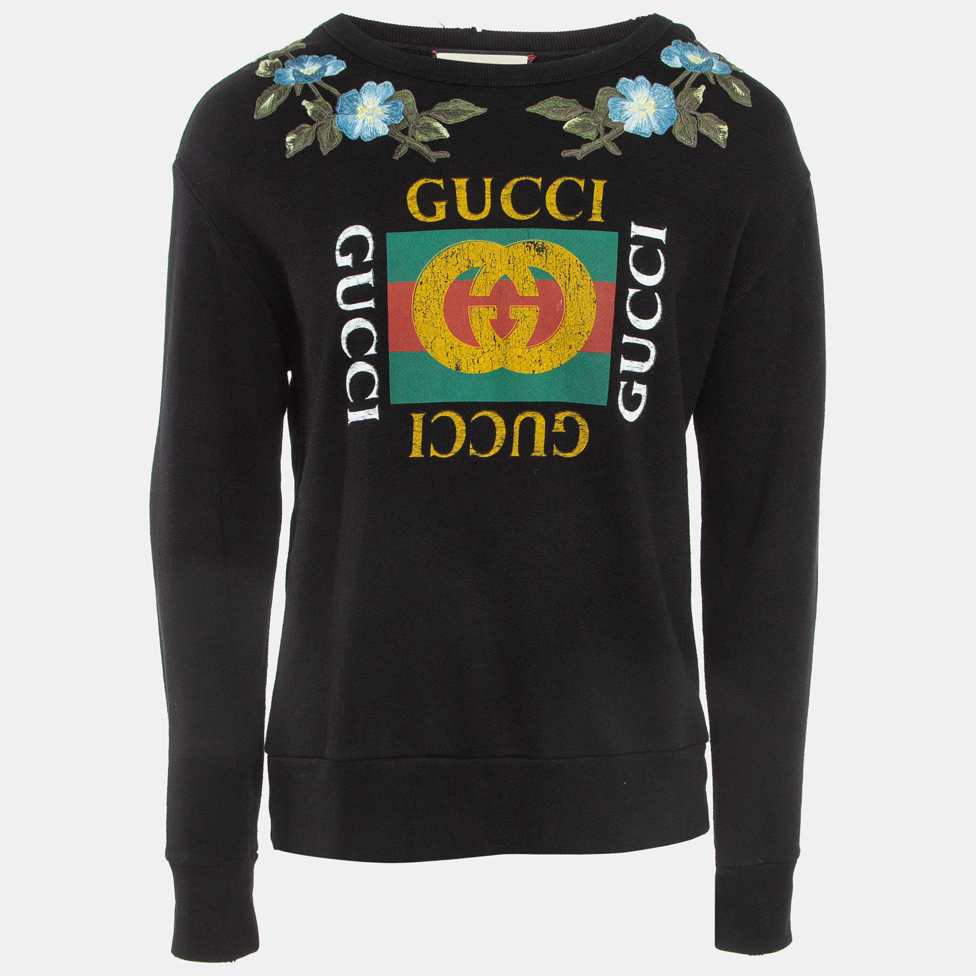 Pre-owned Gucci Black Logo Print Embroidered Cotton Knit Sweatshirt M
