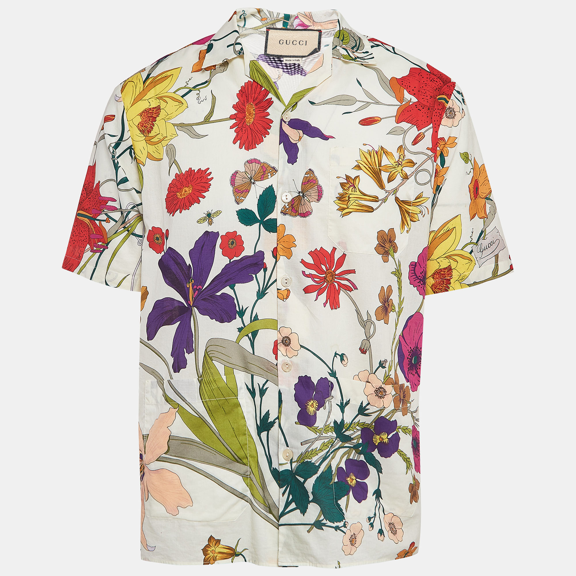 Pre-owned Gucci Cream Floral Printed Muslin Cotton Bowling Shirt S