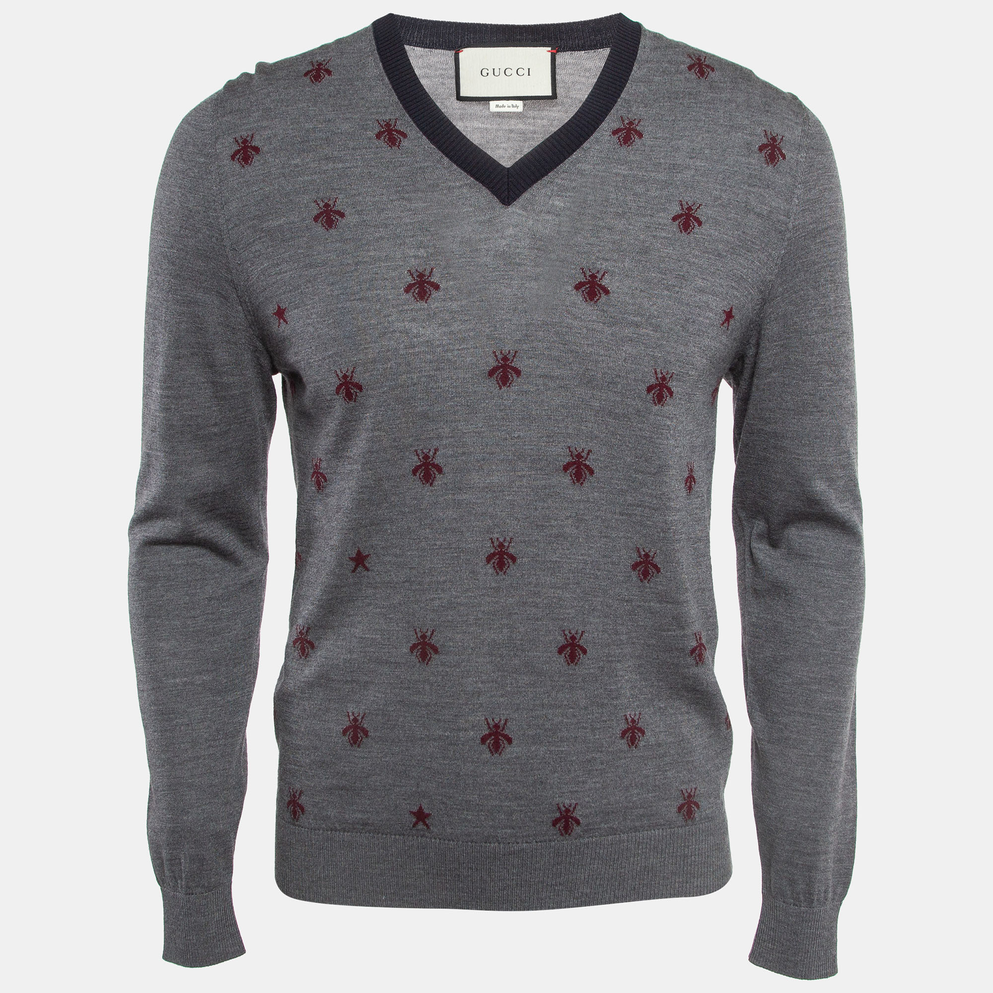 

Gucci Grey Bee Intarsia Wool Knit V-Neck Sweater M