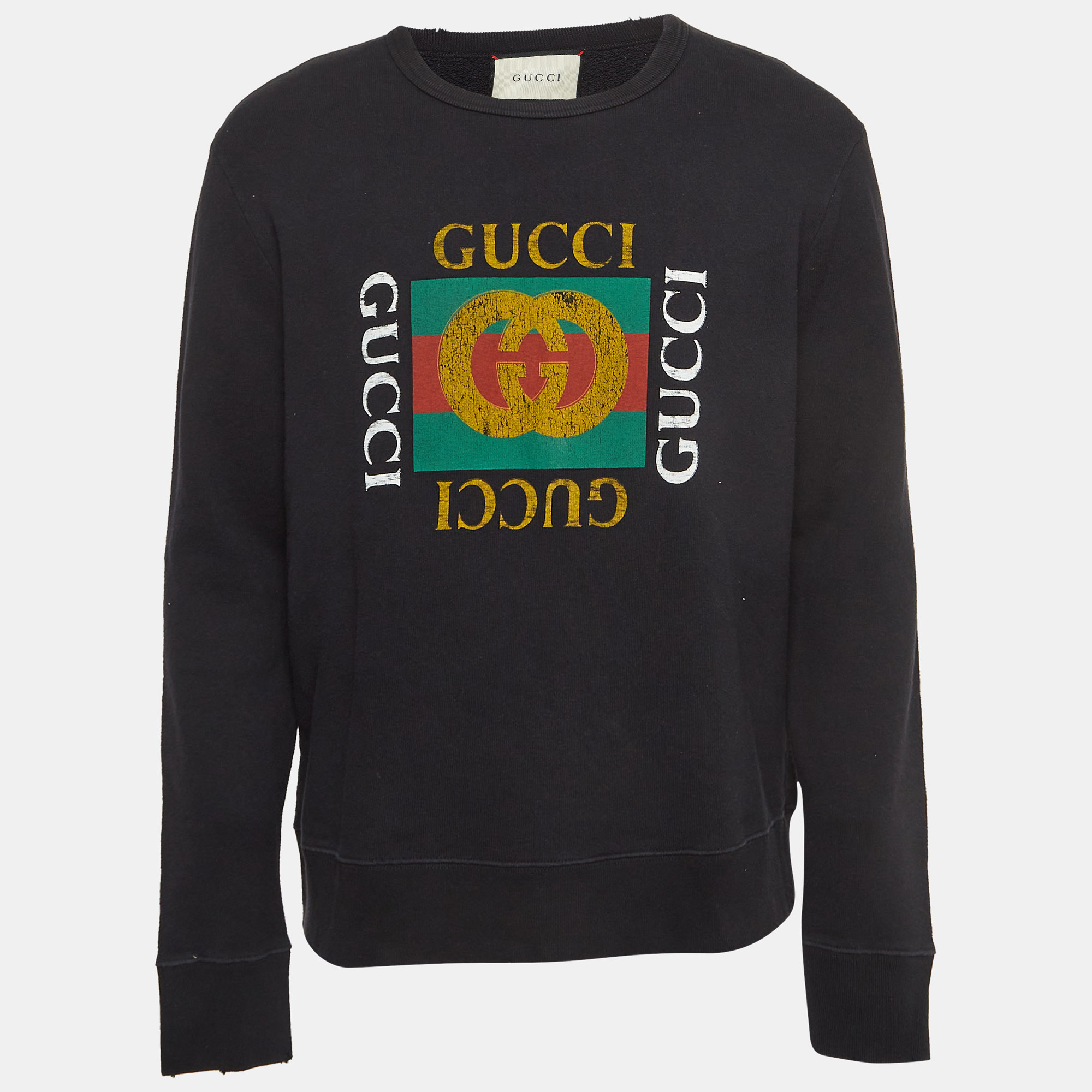 

Gucci Black Vintage Logo Print Cotton Distressed Sweatshirt