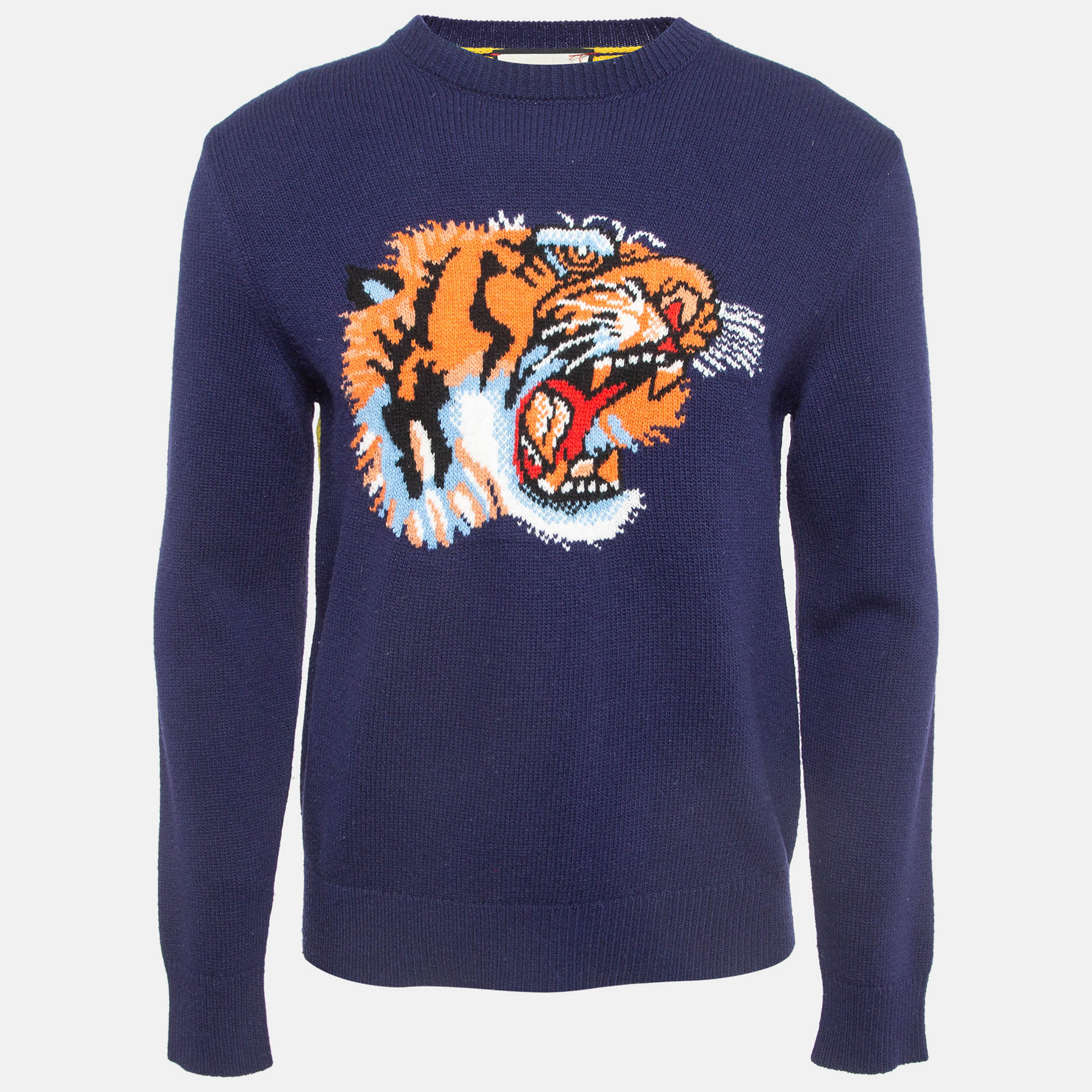 

Gucci Navy Blue Tiger Intarsia Wool Knit Contrast Crew Neck Sweater