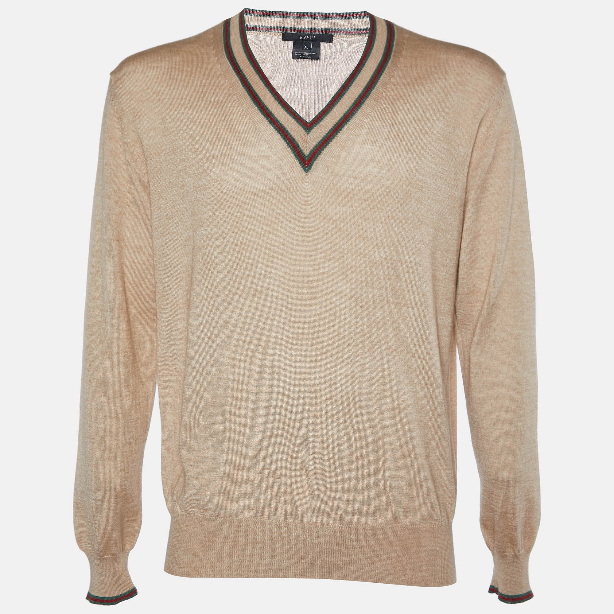 Gucci Beige Camel Hair and Silk V-Neck Sweater XL