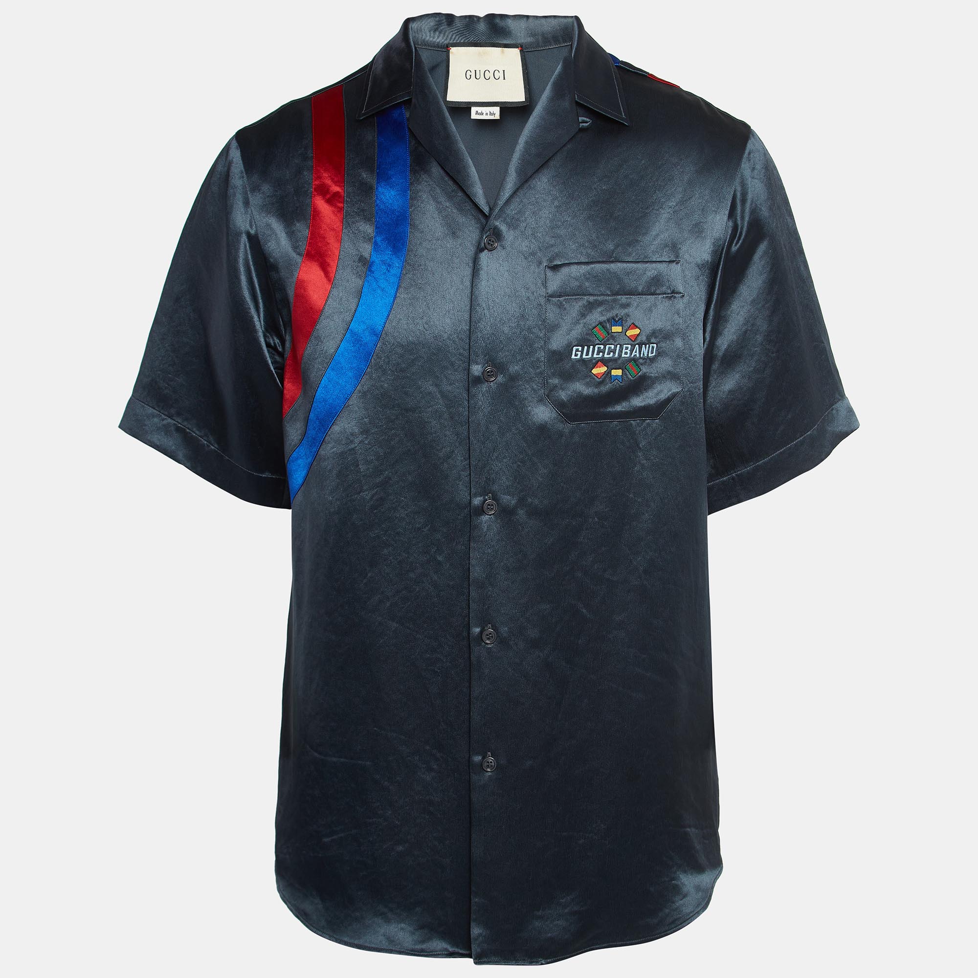 Pre-owned Gucci Dark Blue Satin Embroidered Bowling Shirt S