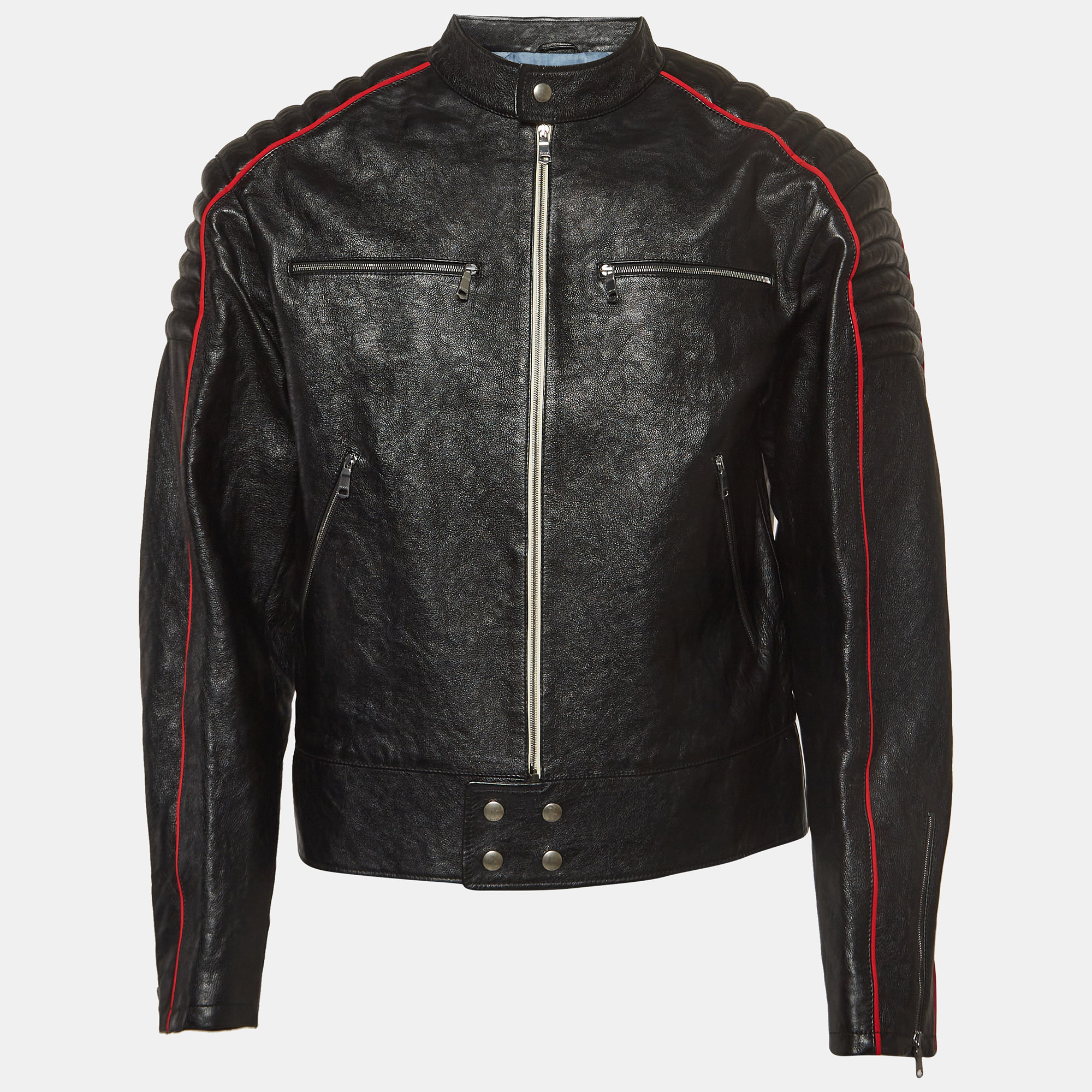 Pre-owned Gucci Black Logo Printed Leather Rider Jacket M