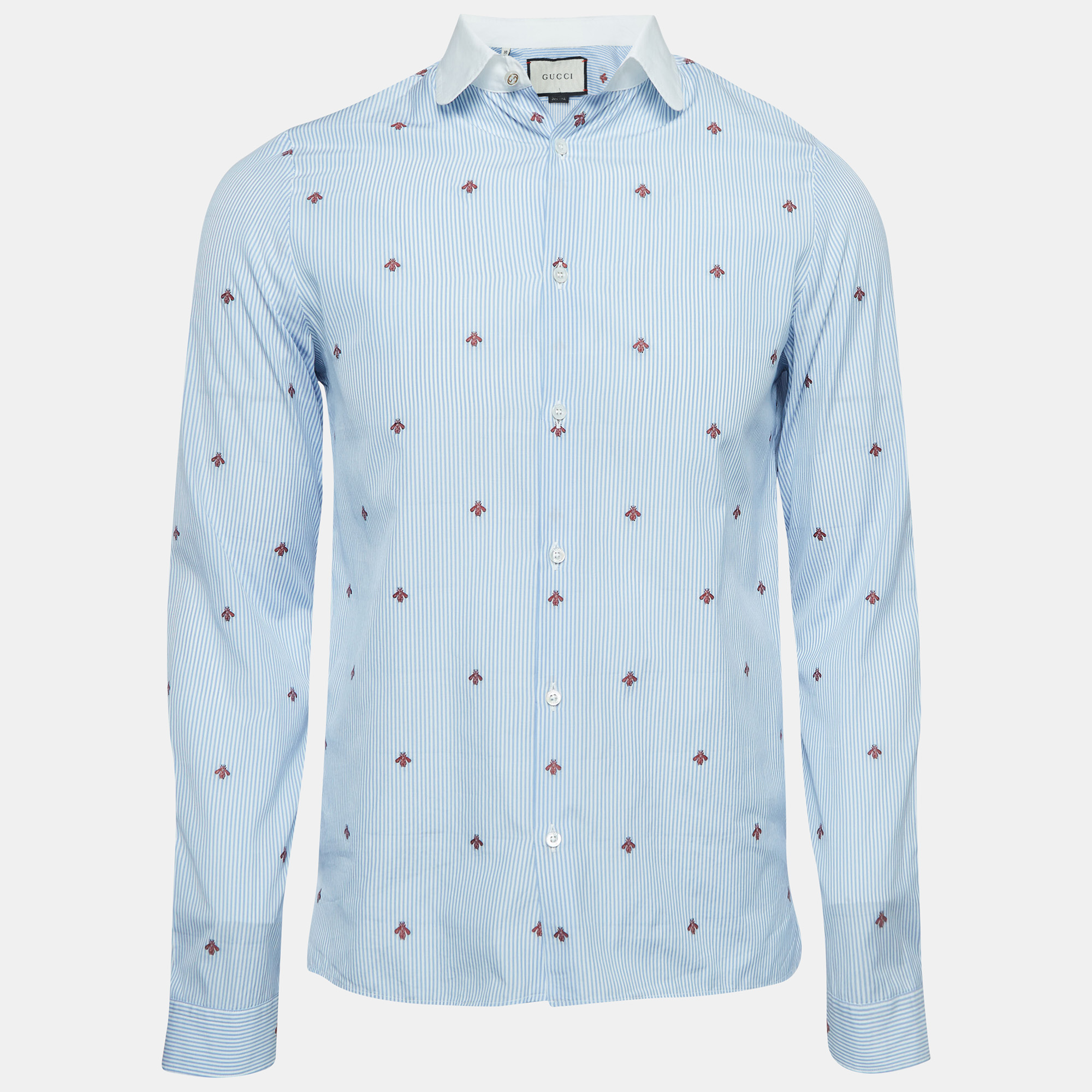 

Gucci Blue Pinstripe Bee Embroidered Cotton Cambridge Shirt S