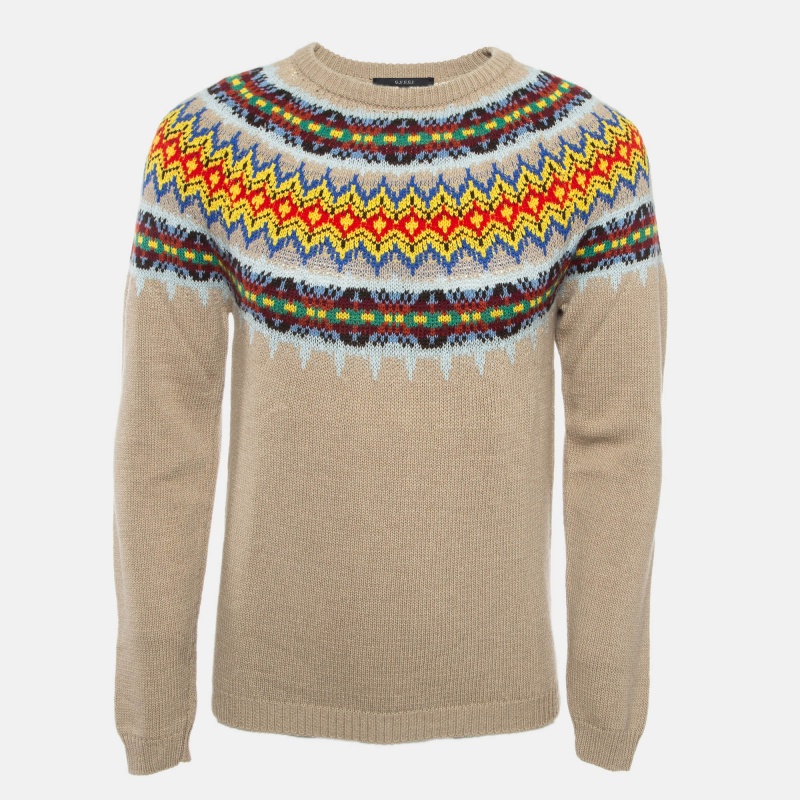 Pre-owned Gucci Beige Fair Isle Wool Knit Sweater L