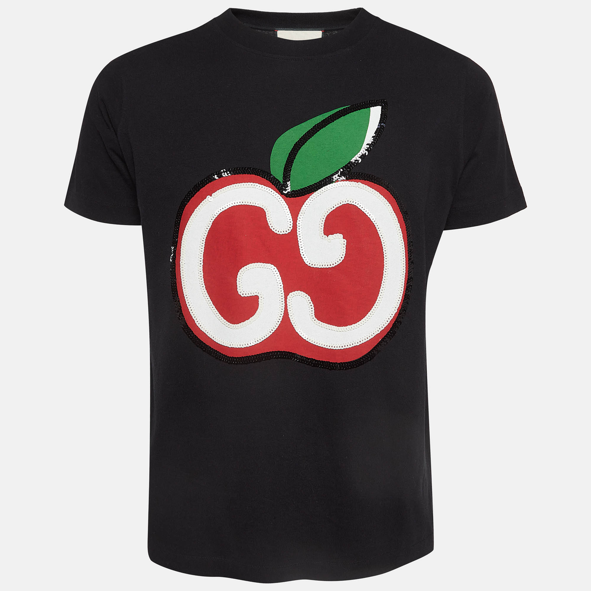 Pre Owned Gucci Black Apple GG Print Cotton T-Shirt M