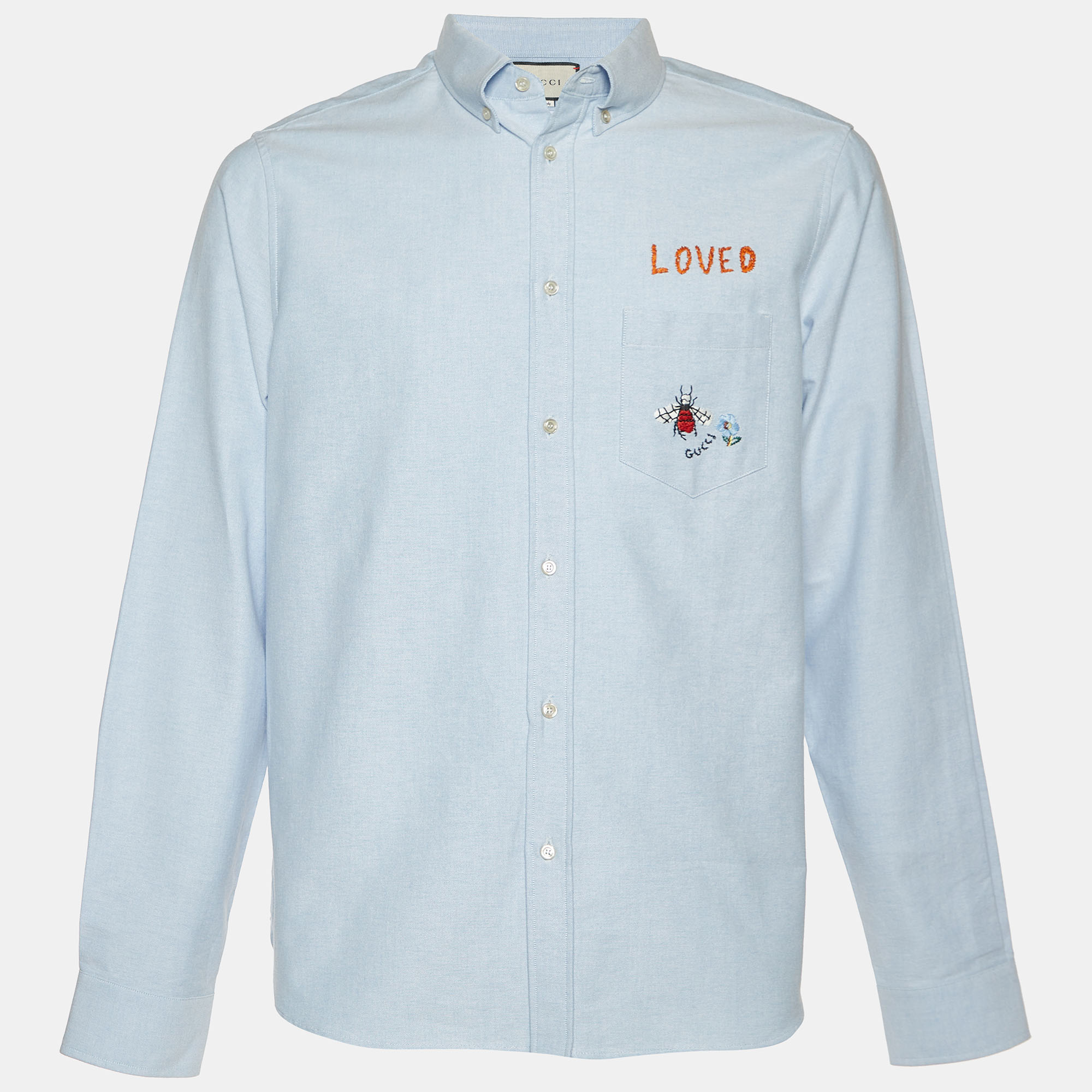 Pre-owned Gucci Light Blue Embroidered Cotton Button Down Shirt L