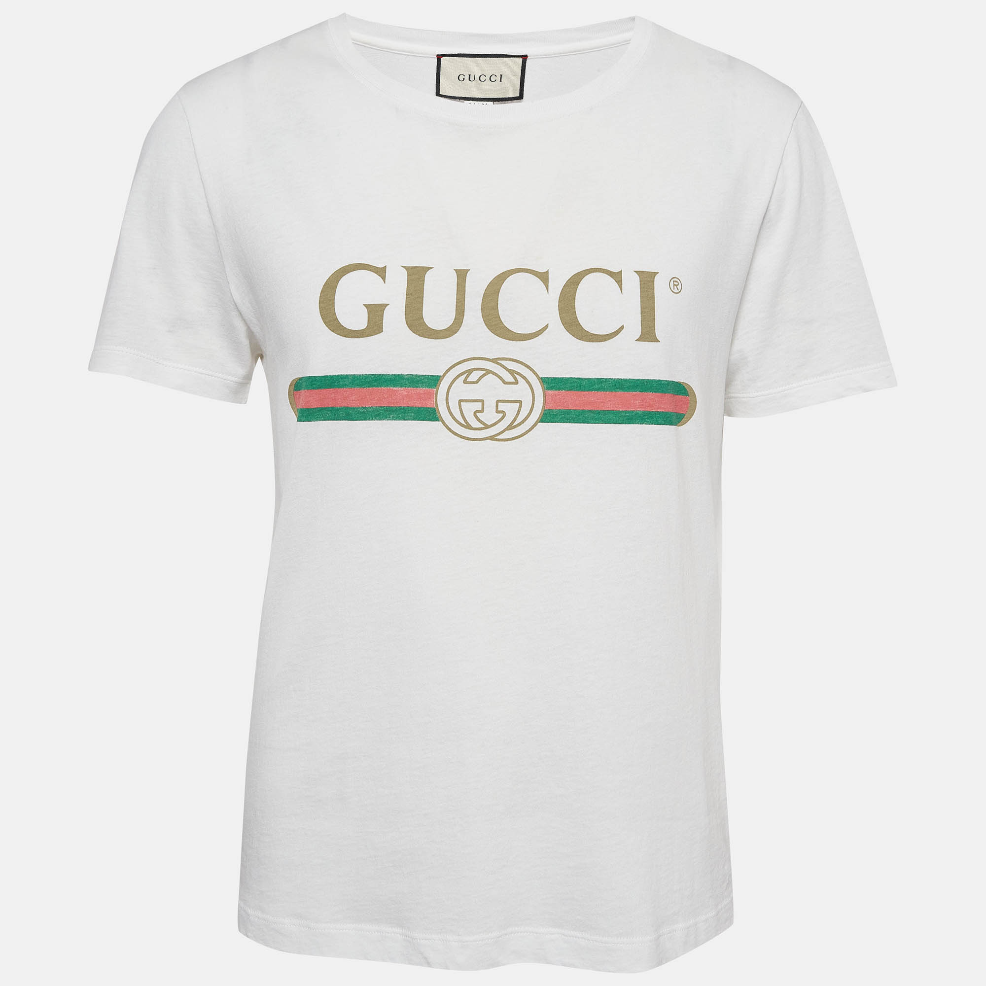 

Gucci White Logo Print Cotton Distressed T-Shirt XS