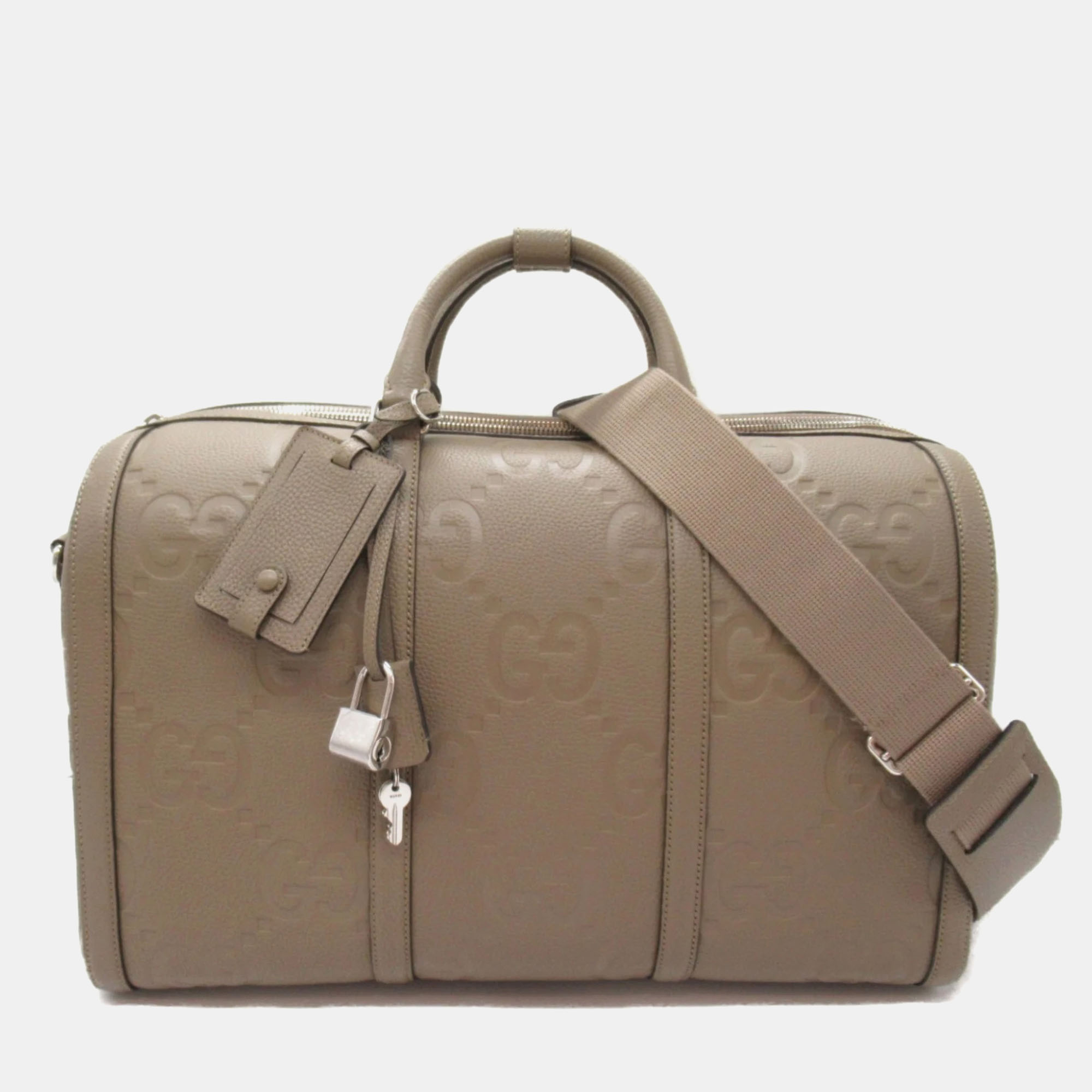 Pre-owned Gucci Gray Greige Leather Jumbo Gg Boston Bag In Grey