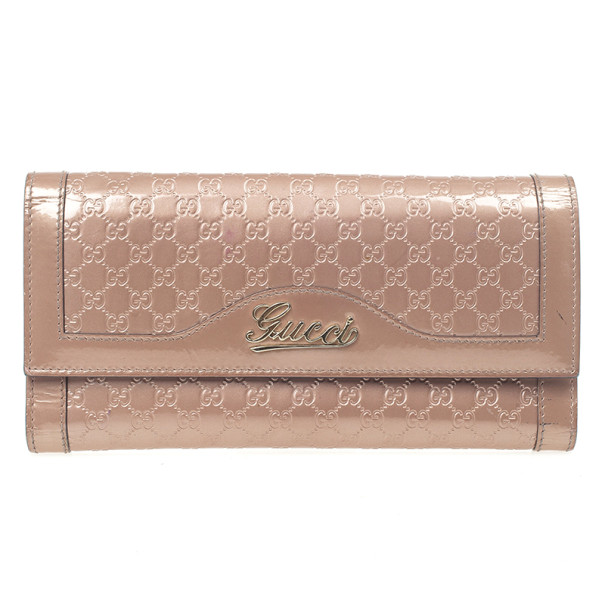 Pre Owned Gucci Pink Patent Microguccissima Script Wallet