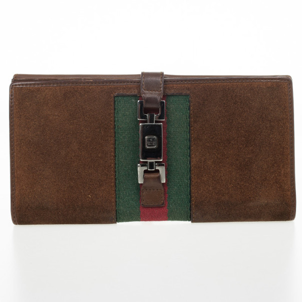 Pre Owned Gucci Parfums Brown Suede Leather Red Stripe Wallet
