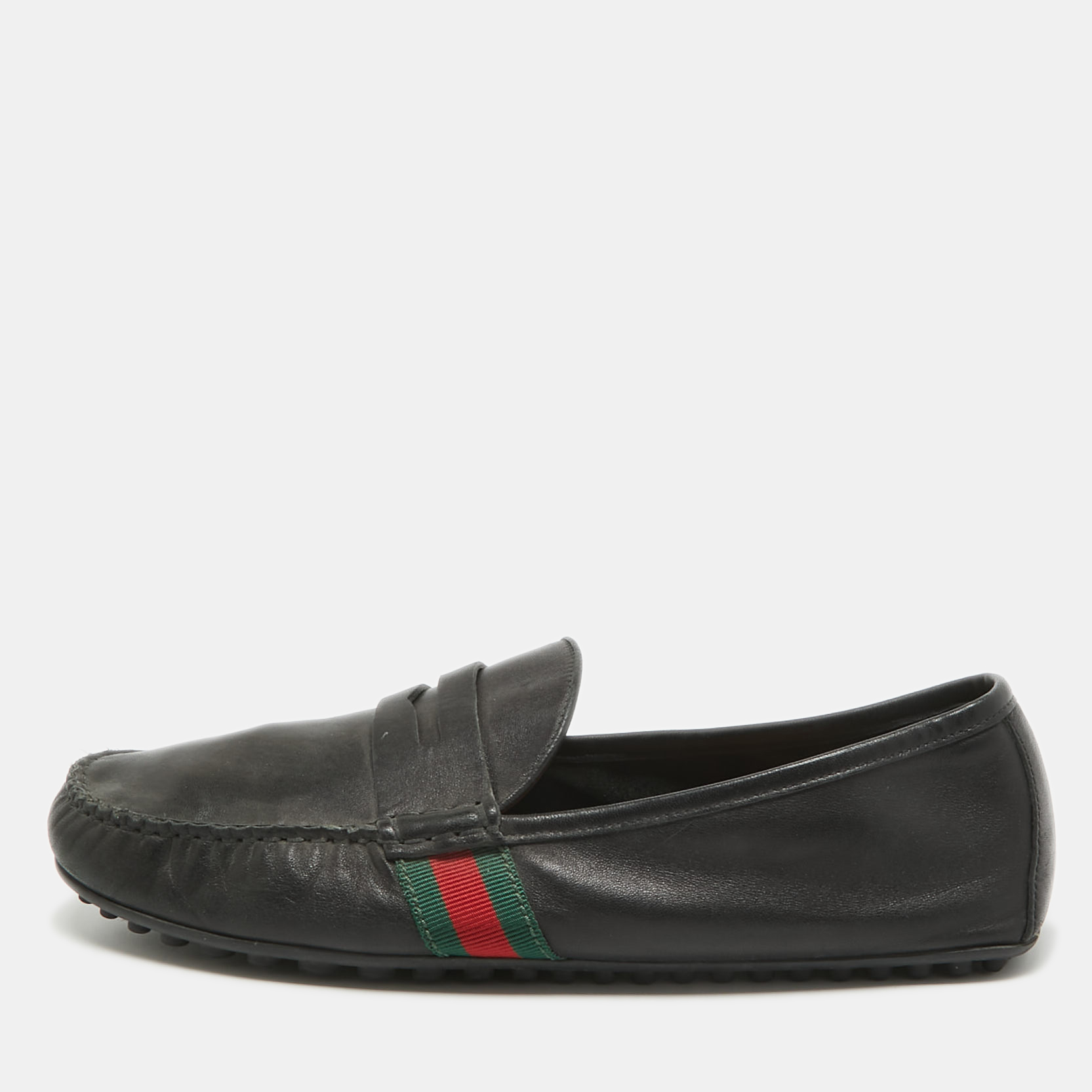 

Gucci Black Leather Web Penny Loafers Size 42.5
