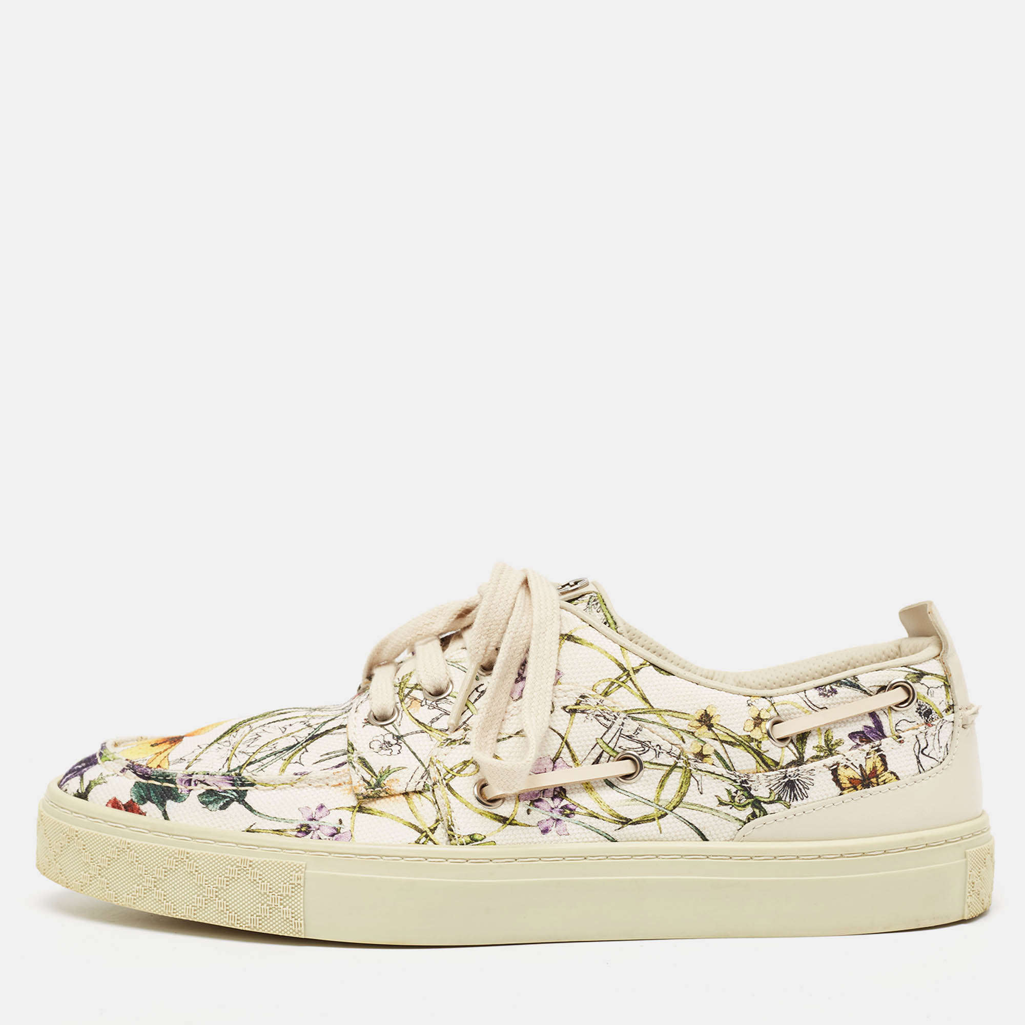 Pre-owned Gucci White Floral Print Canvas Low Top Sneakers Size 41.5