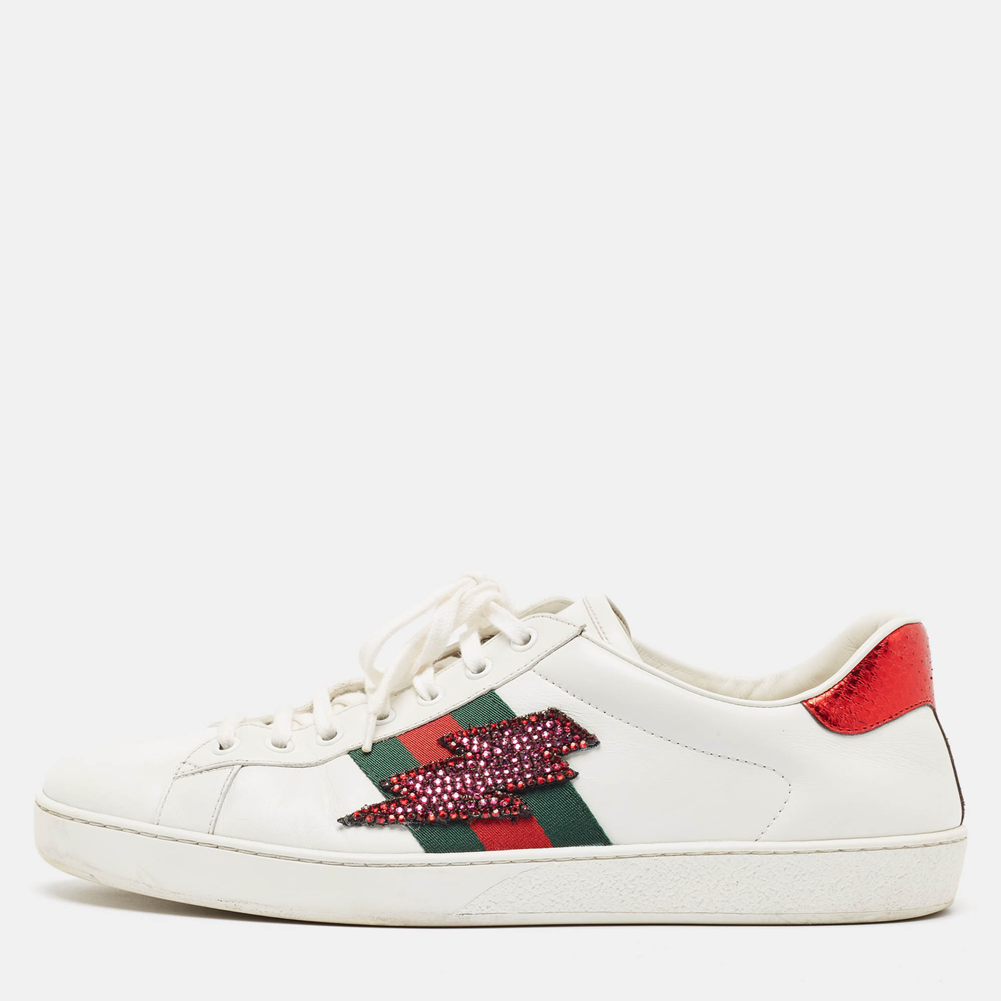 

Gucci White Leather Embellished Lightning Bolt Ace Sneakers Size 44