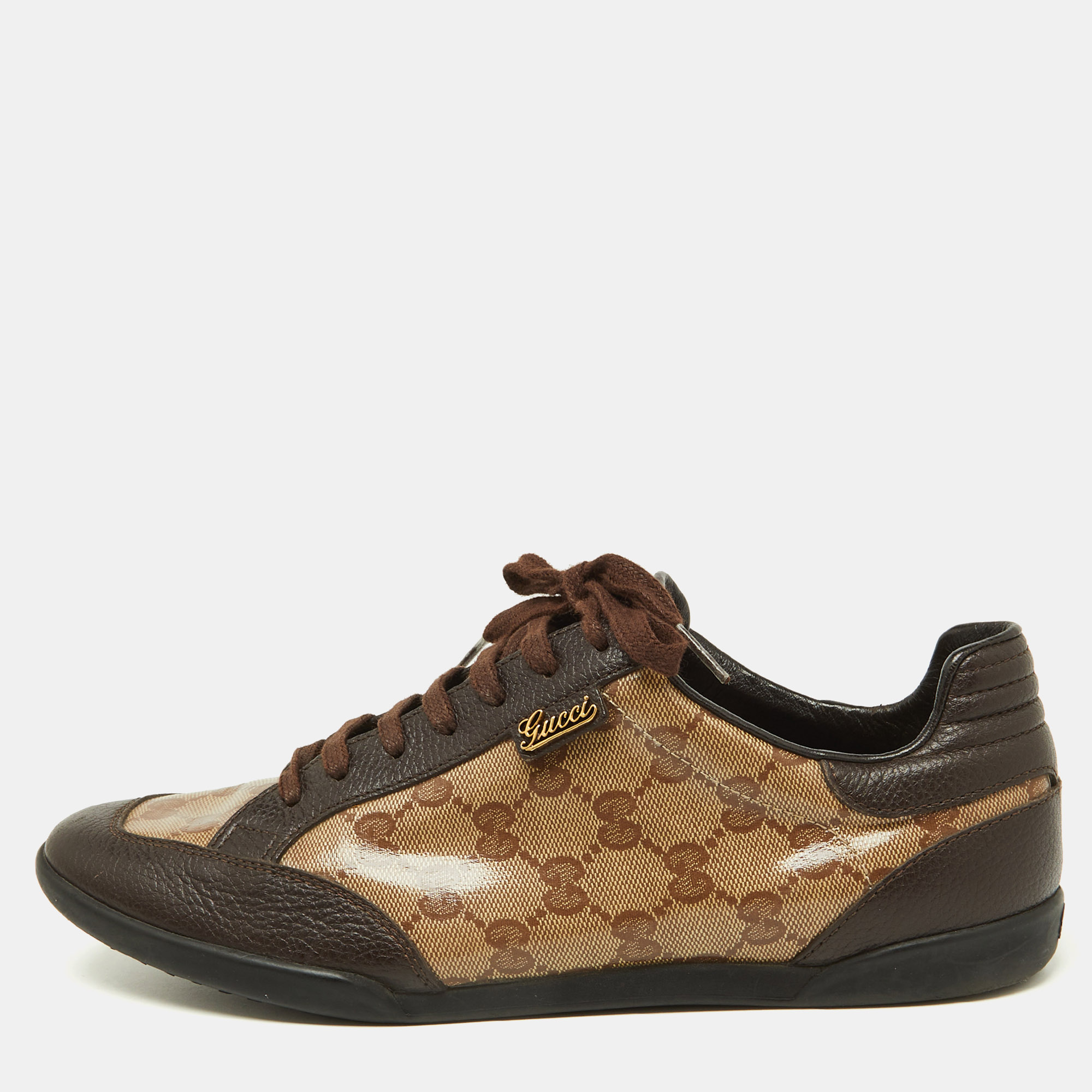 Pre-owned Gucci Brown/beige Gg Crystal Canvas And Leather Low Top Sneakers Size 39.5