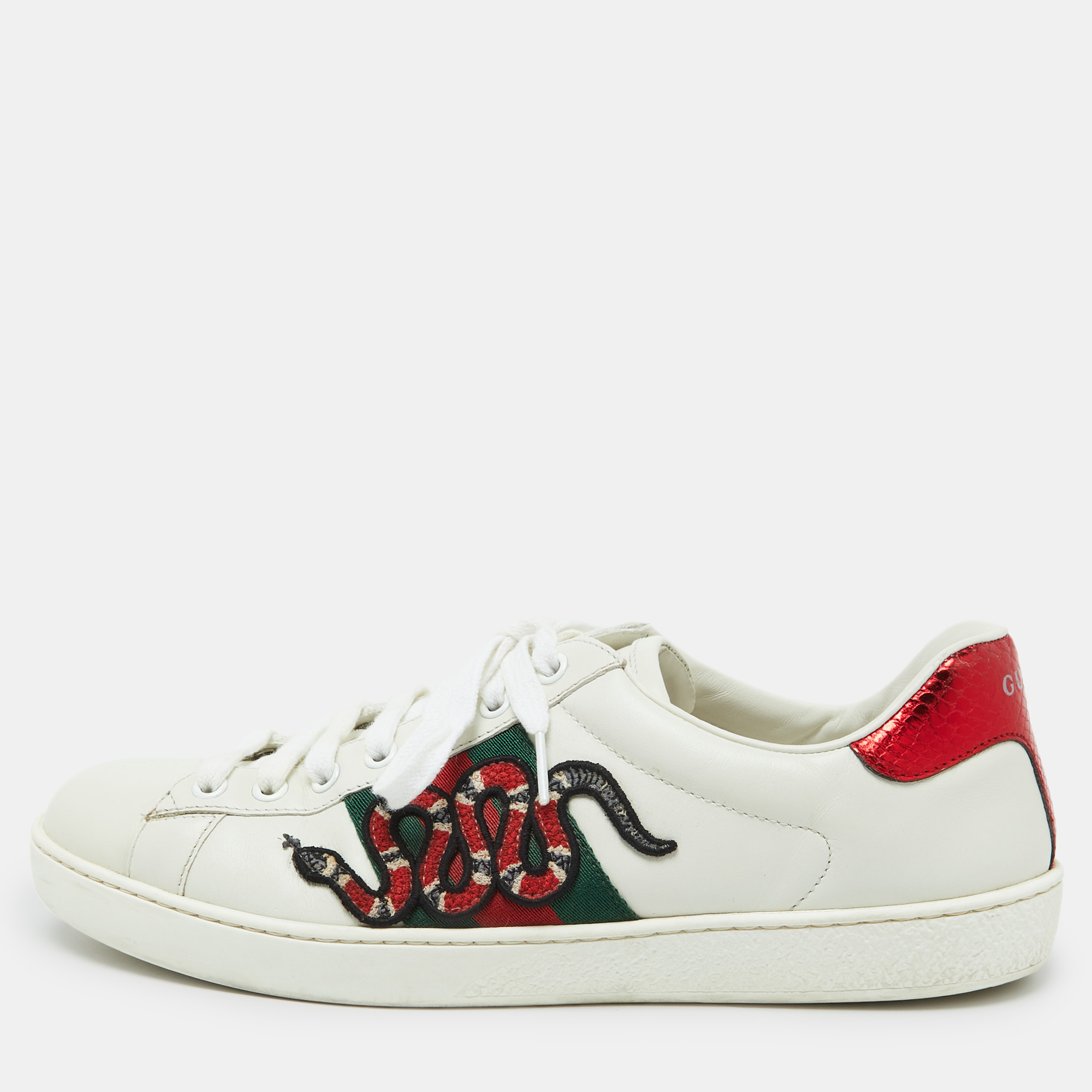 

Gucci White Leather Embroidered Snake Ace Sneakers Size 41.5