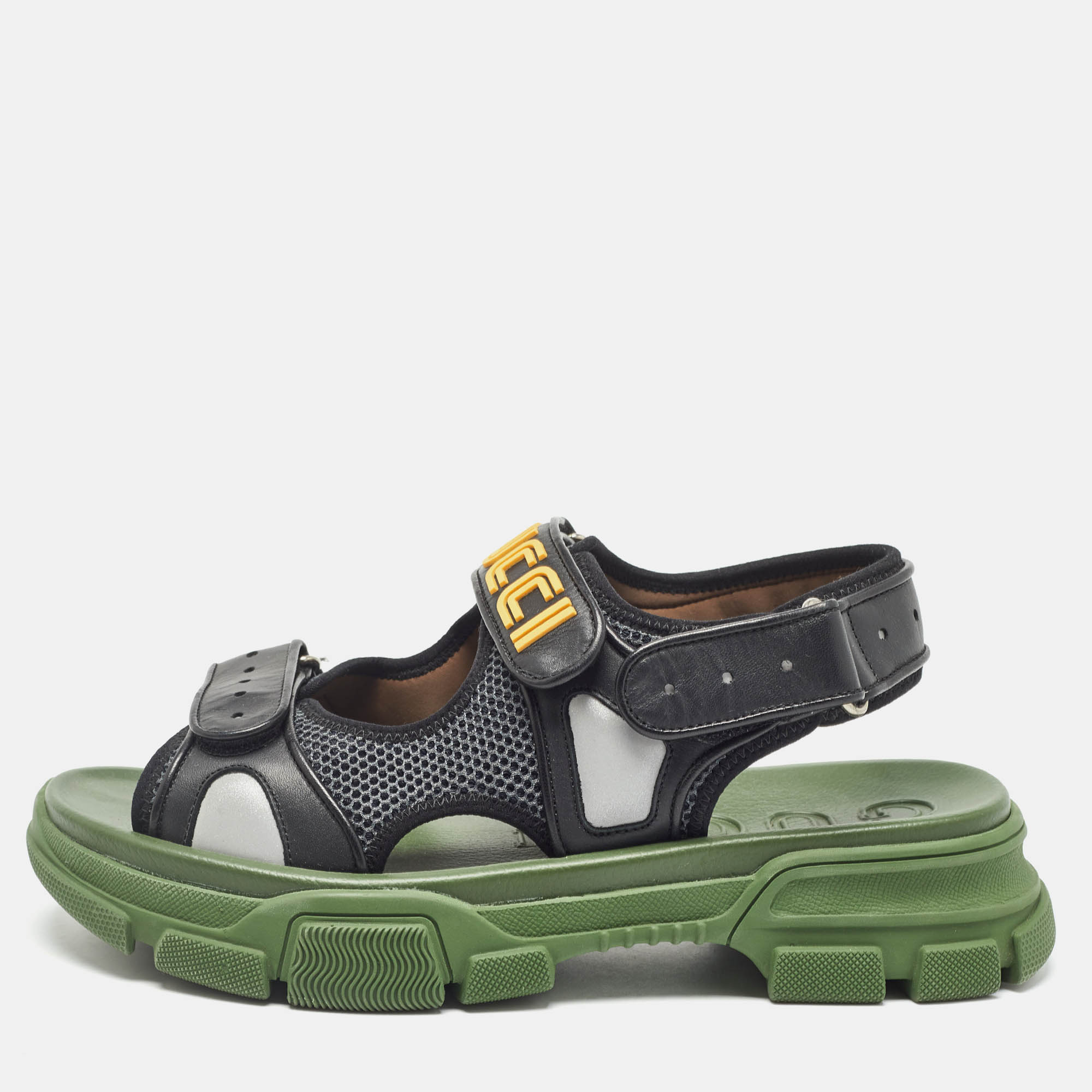 

Gucci Black/Green Leather and Mesh Sega Velcro Slingback Sandals Size 44