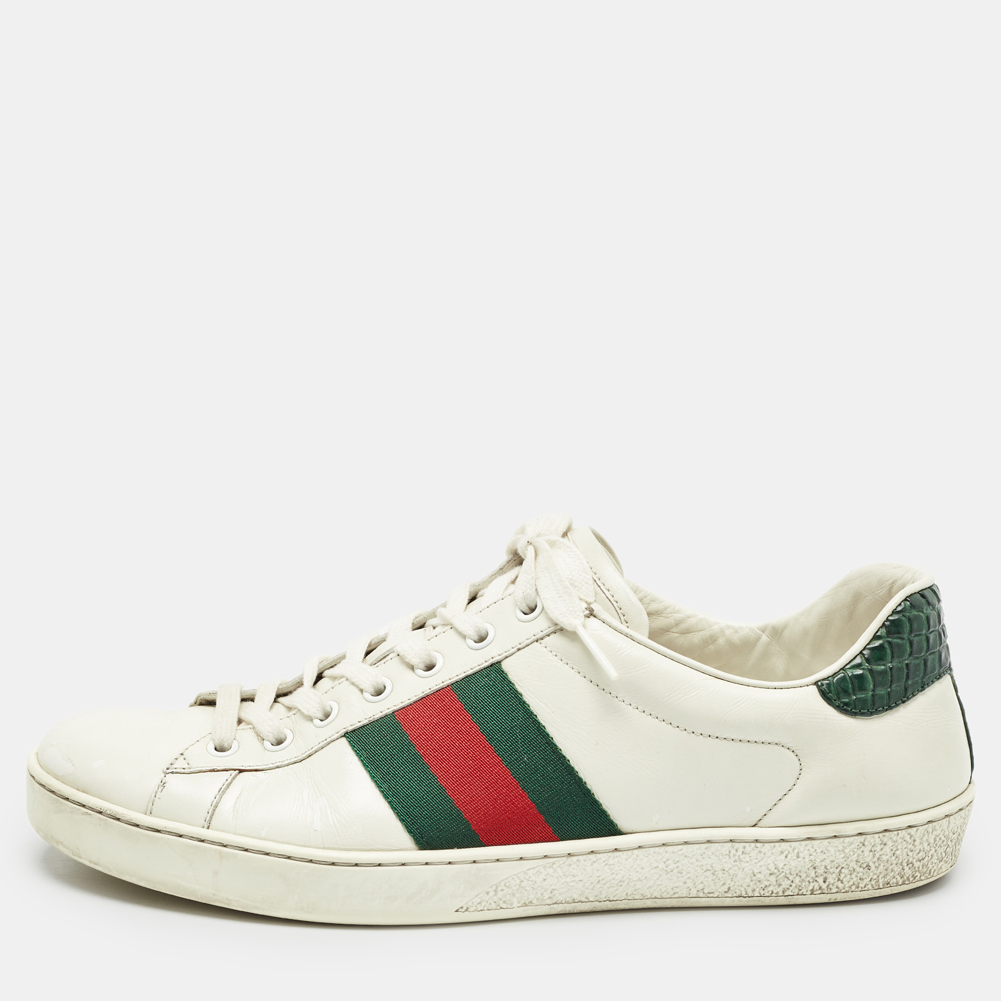 

Gucci White Leather and Crocodile Web Ace Sneakers Size 43.5