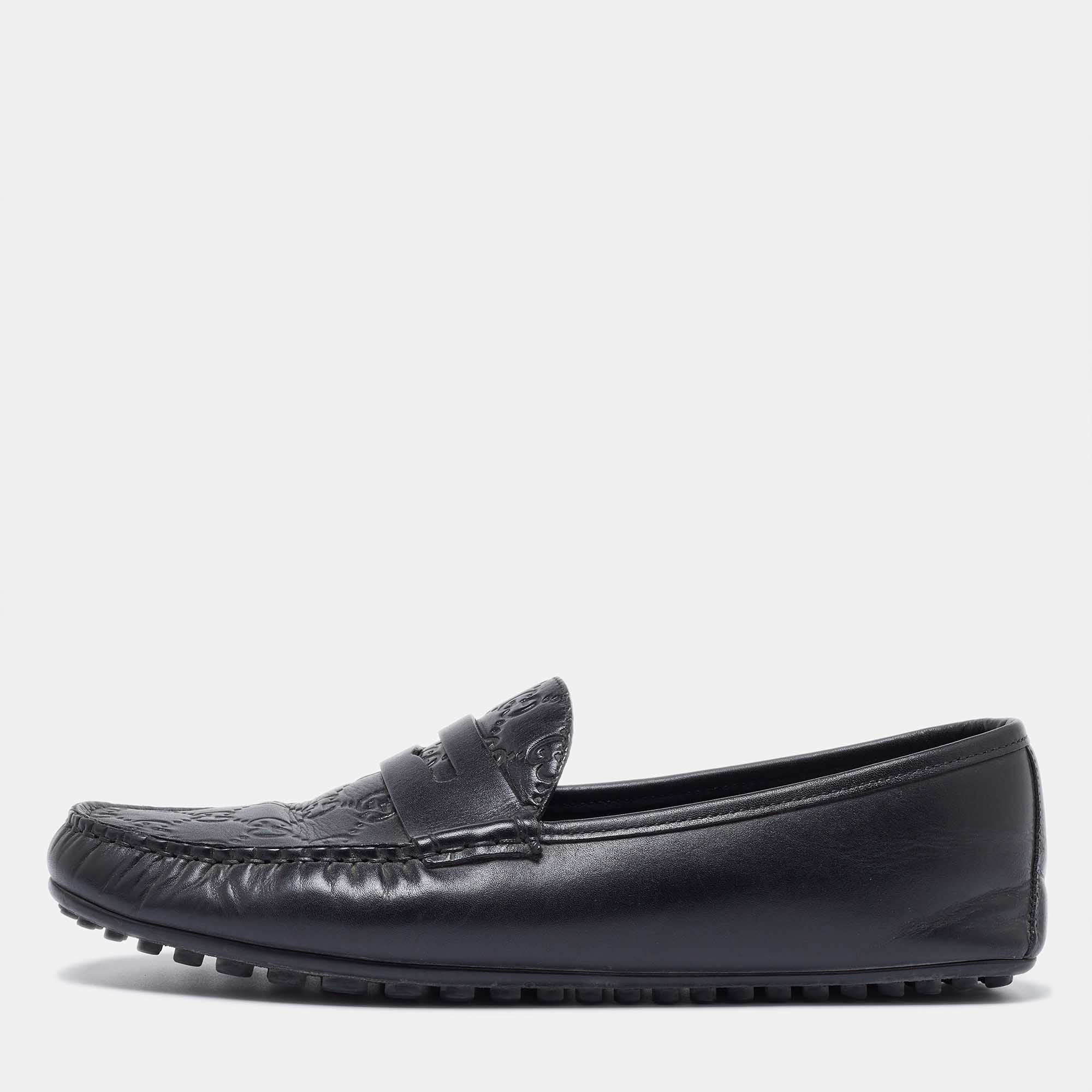 Pre-owned Gucci Ssima Leather Penny Slip On Loafers Size 42 In Black