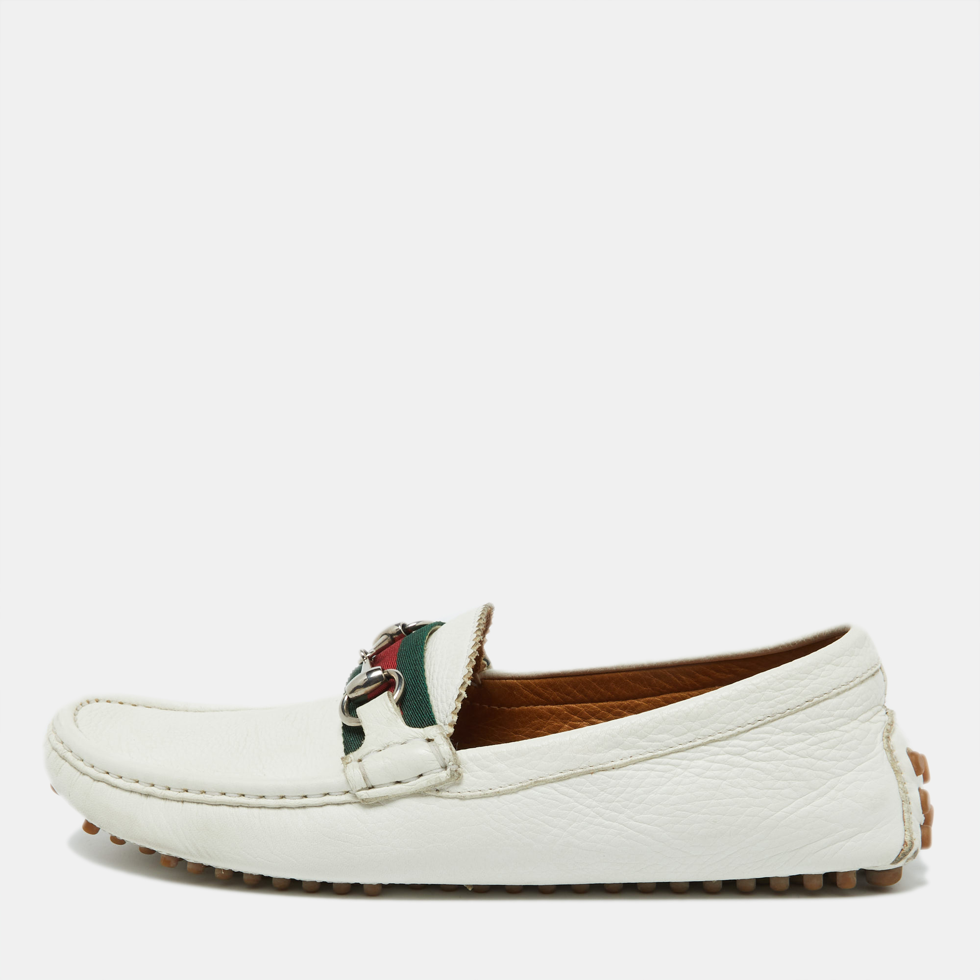 

Gucci Off White Leather Web Slip On Loafers Size 41