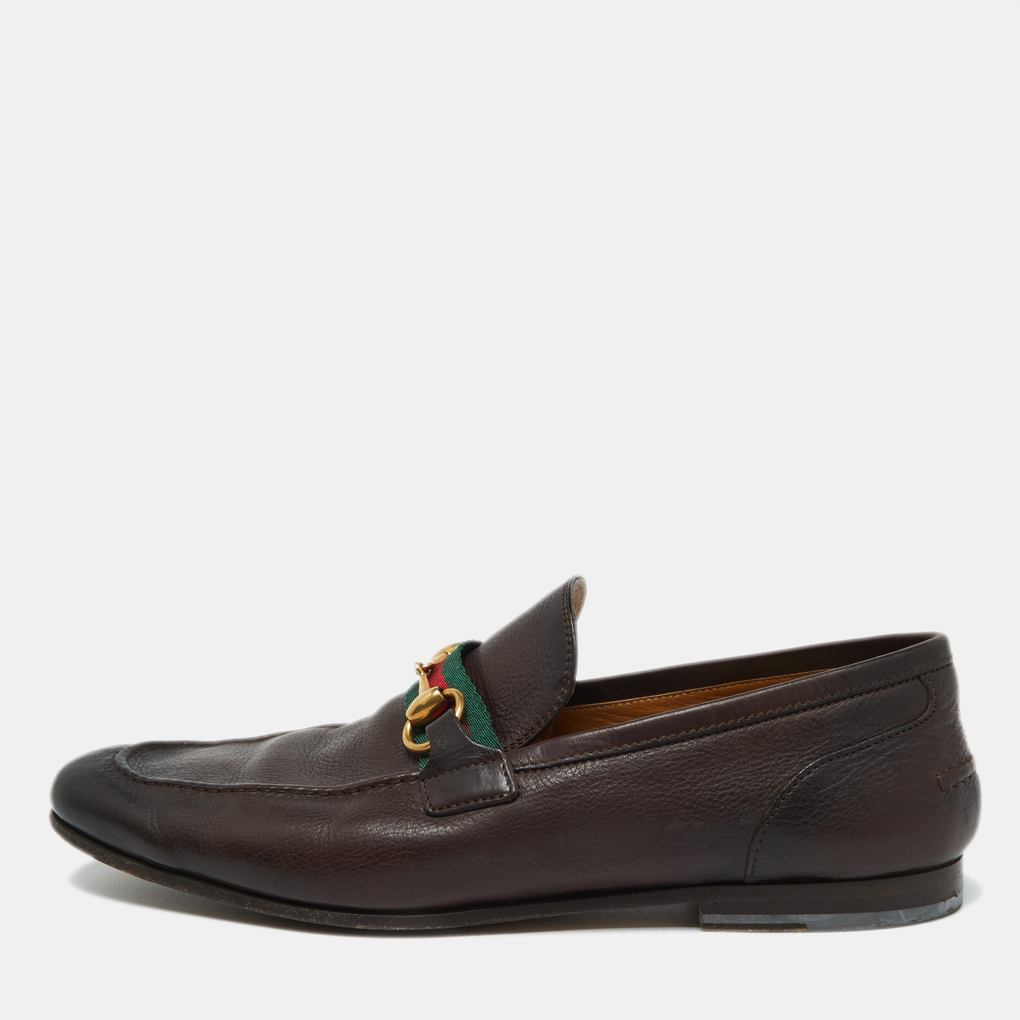 Pre-owned Gucci Dark Brown Leather Horsebit Web Slip On Loafers Size 41