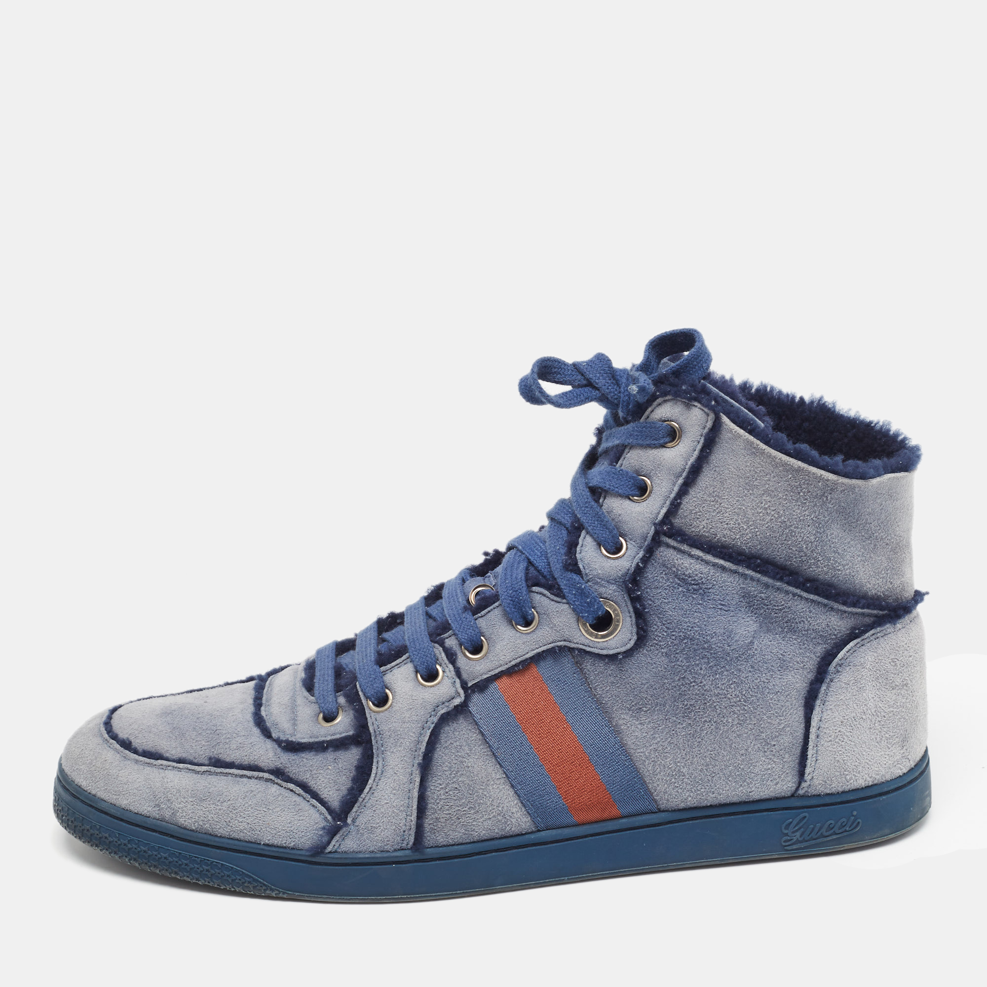 Pre-owned Gucci Blue Suede And Shearling Web Lace Up High Top Sneakers Size 45.5