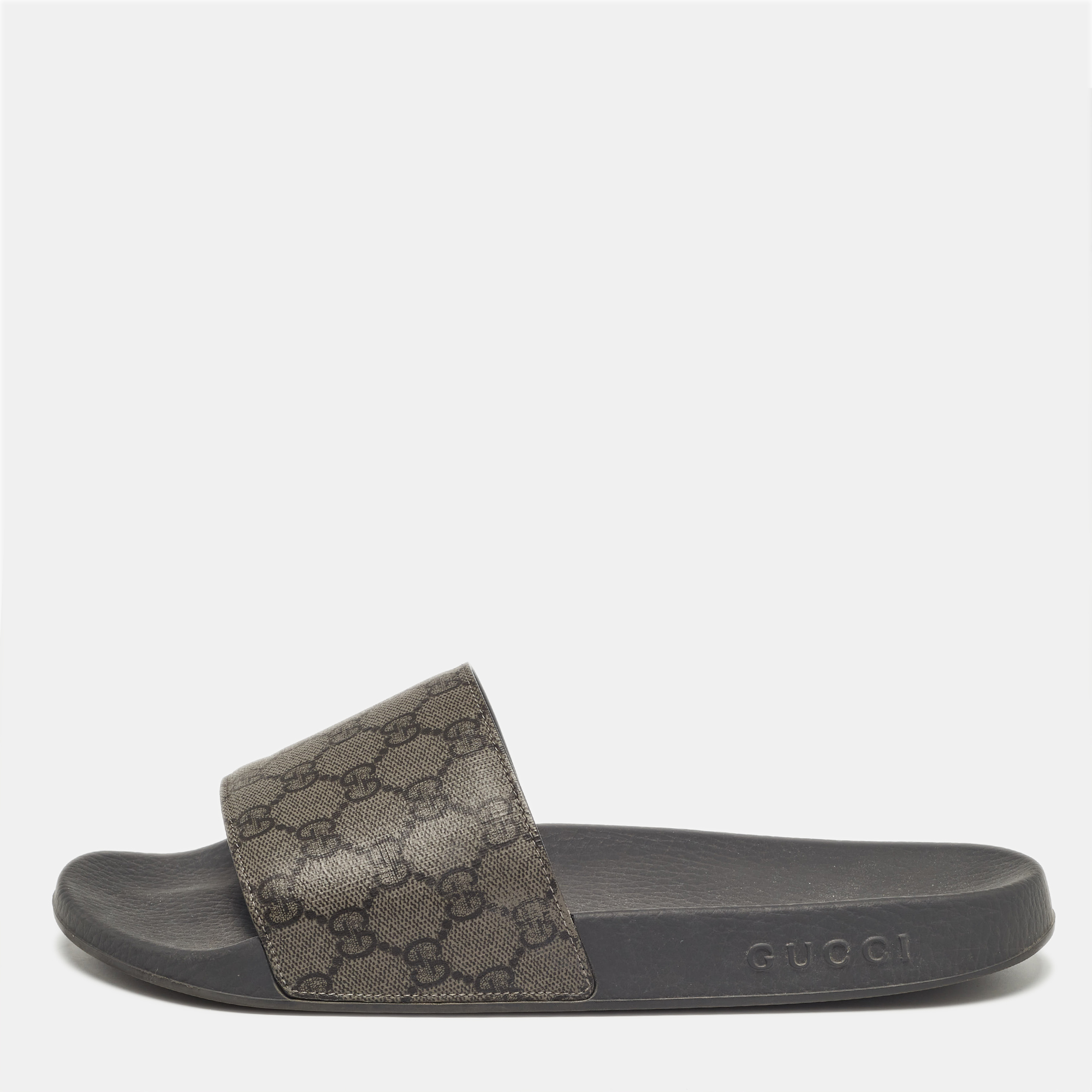 

Gucci Grey/Black GG Supreme Canvas Flat Sandals Size 45