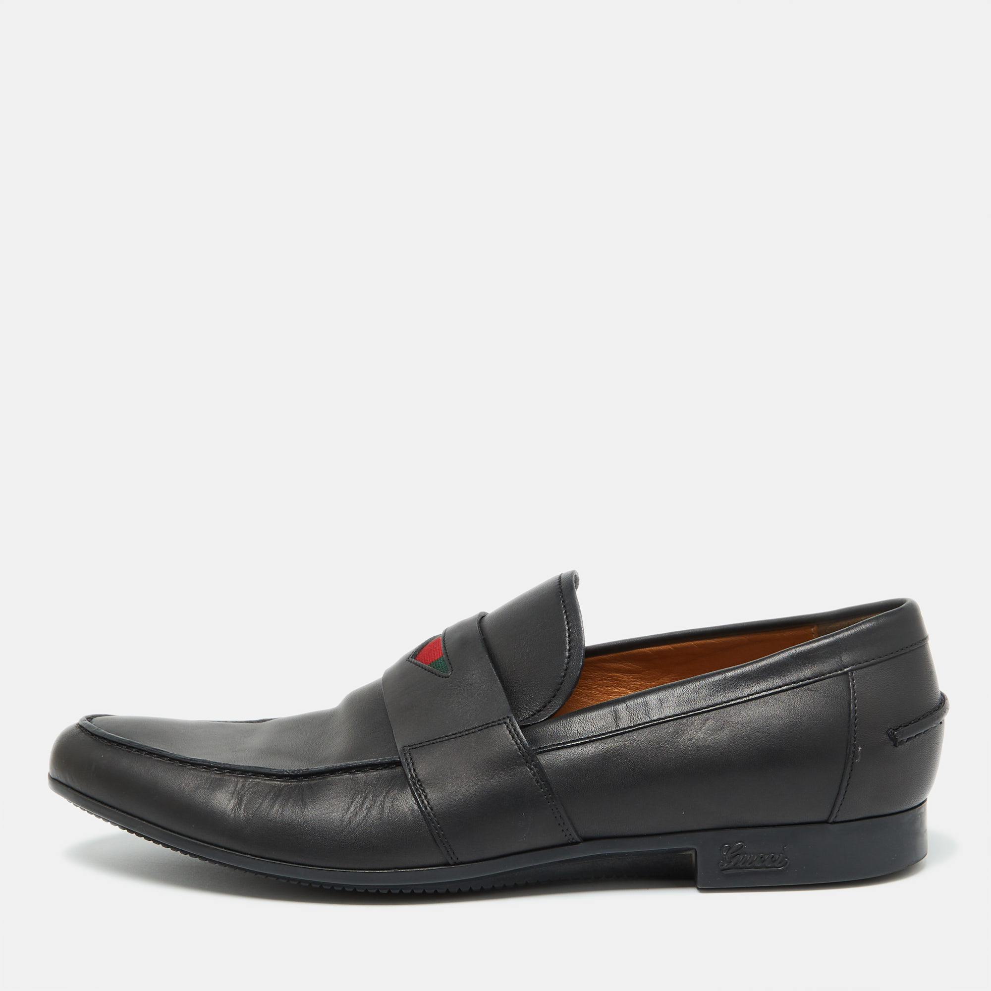 

Gucci Black Leather Web Detail Loafers Size 42.5