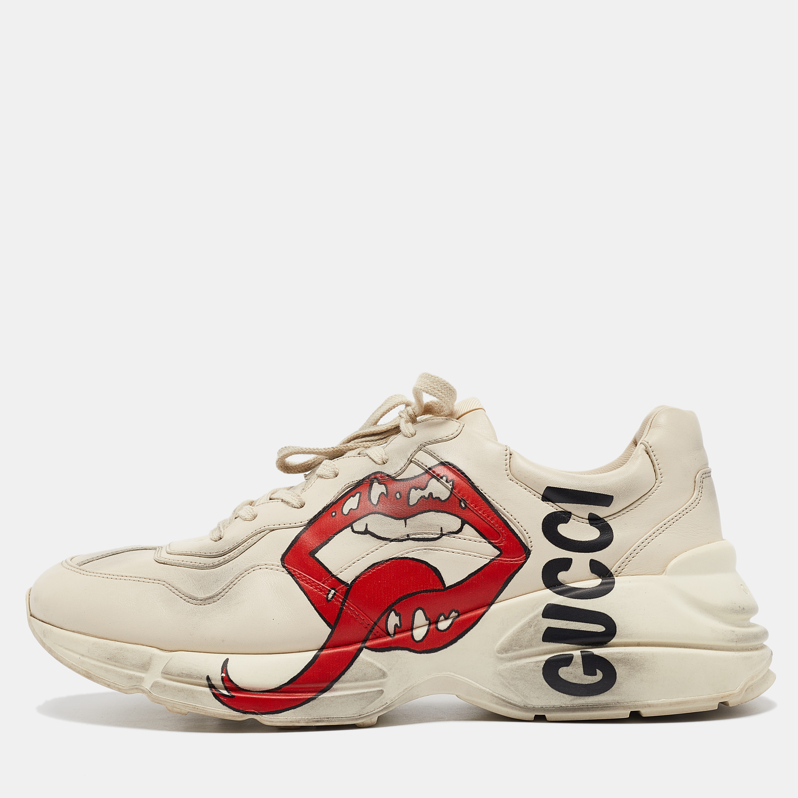 

Gucci Cream Leather Mouth Print Rhyton Sneakers Size 45