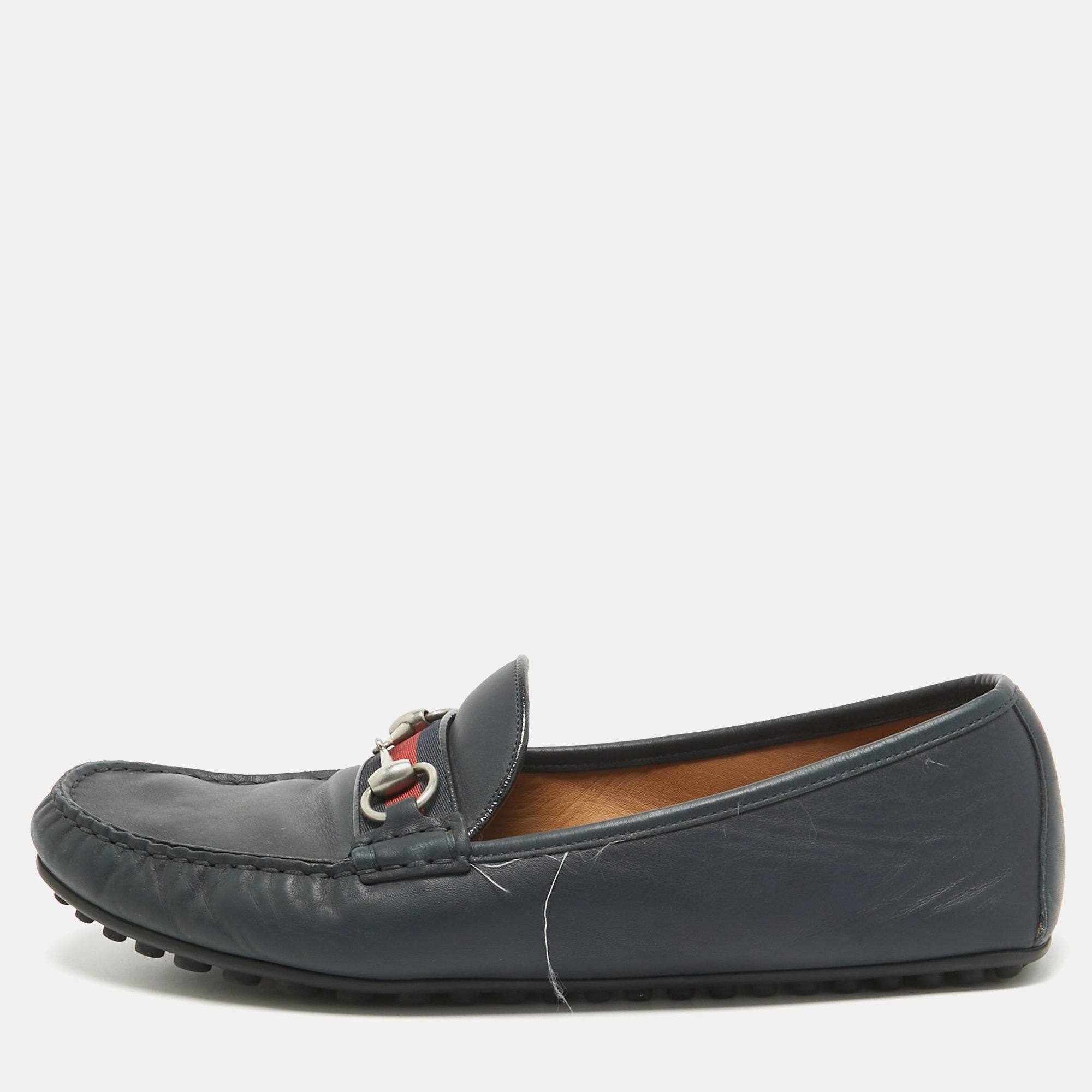 

Gucci Navy Blue Leather Web Horsebit Loafers Size 45.5