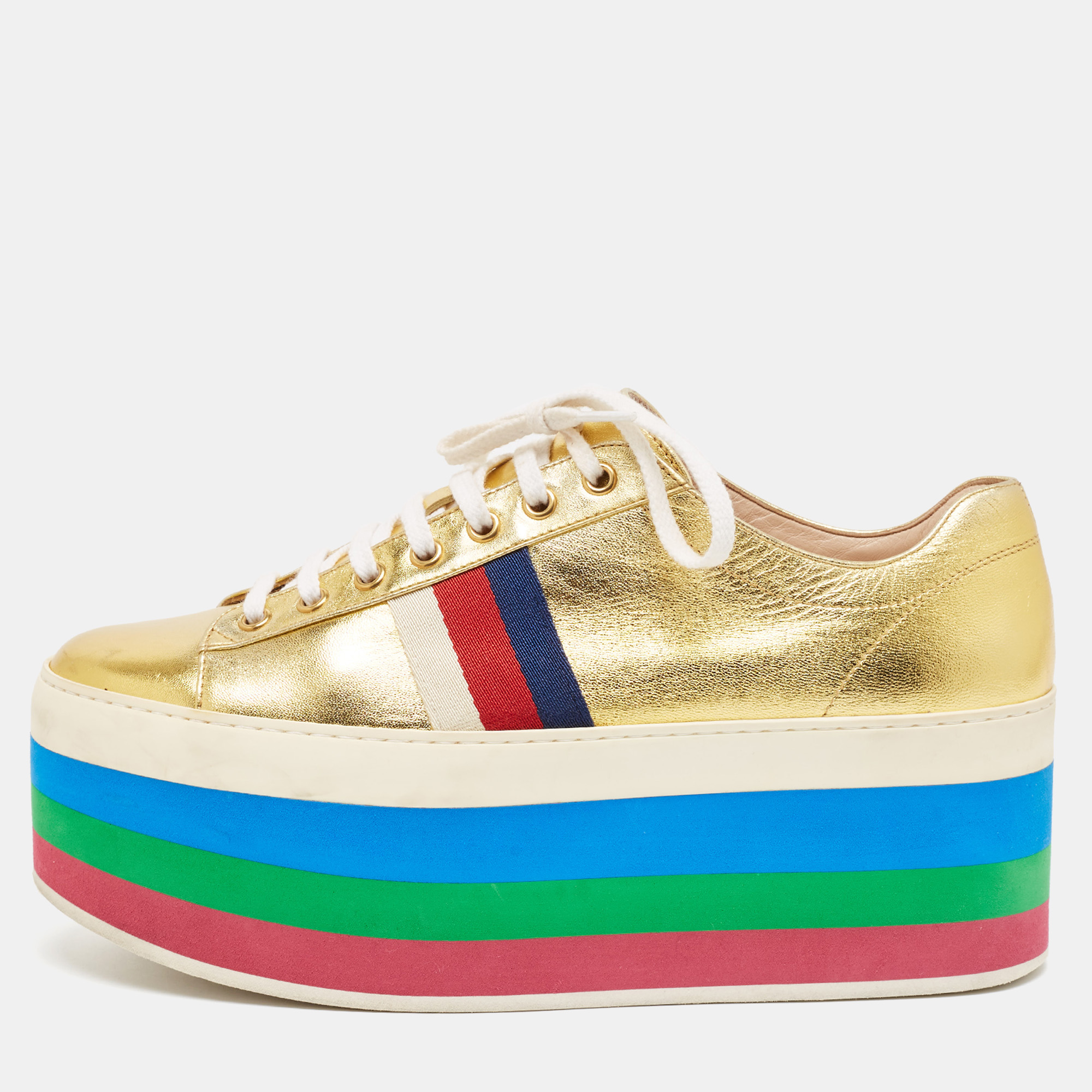 Pre-owned Gucci Gold Leather Peggy Lace Up Sneakers Size 40