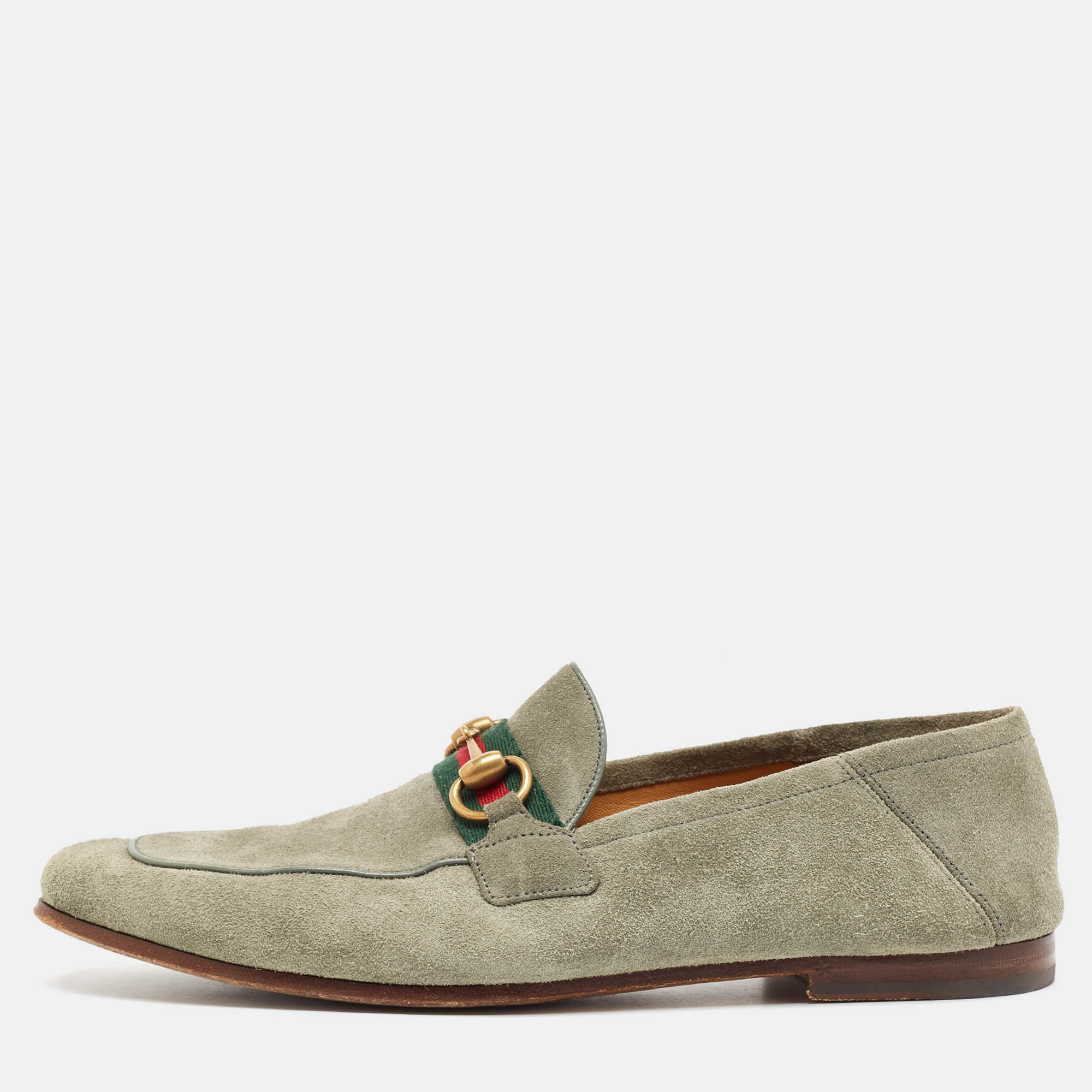 

Gucci Green Suede Web Slip On Loafers Size 41