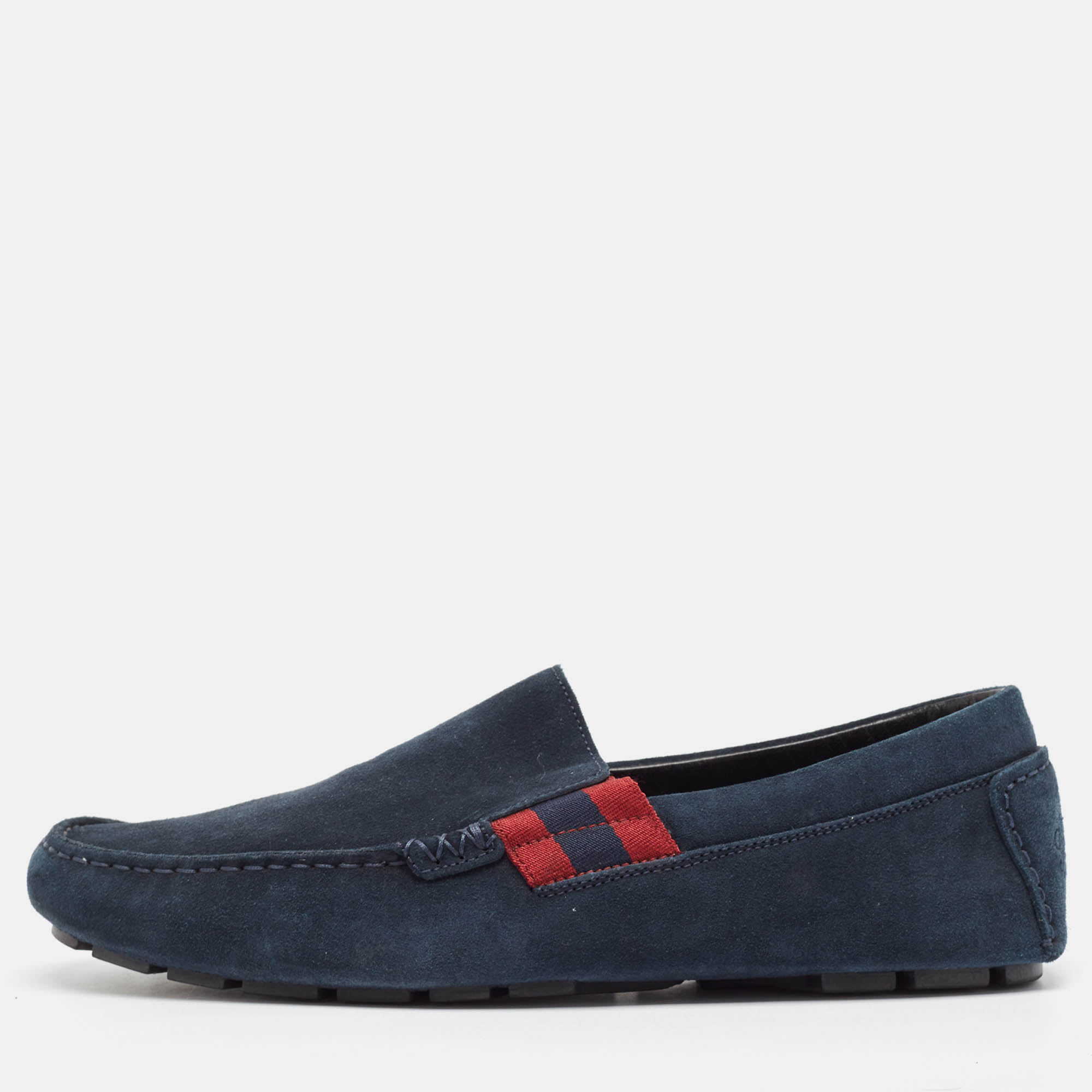 

Gucci Navy Blue Suede Web Detail Loafers Size 42