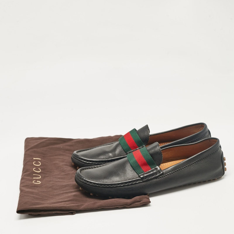 Gucci Black Leather Vintage Web Detail Loafers Size 43.5 