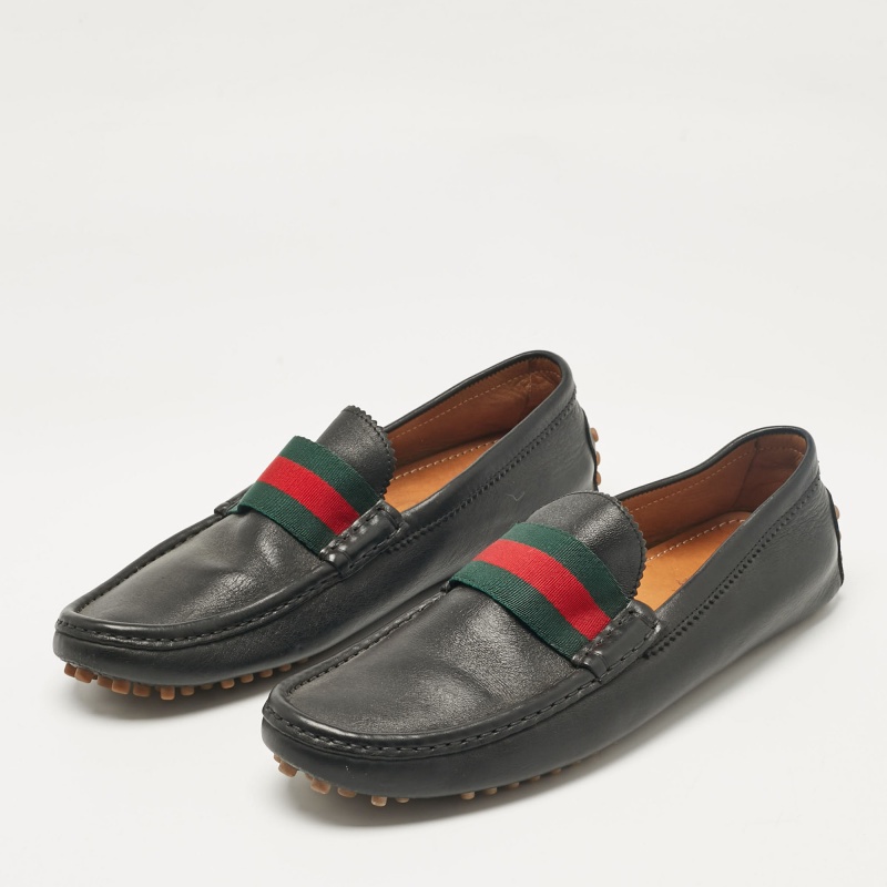 Gucci Black Leather Vintage Web Detail Loafers Size 43.5 