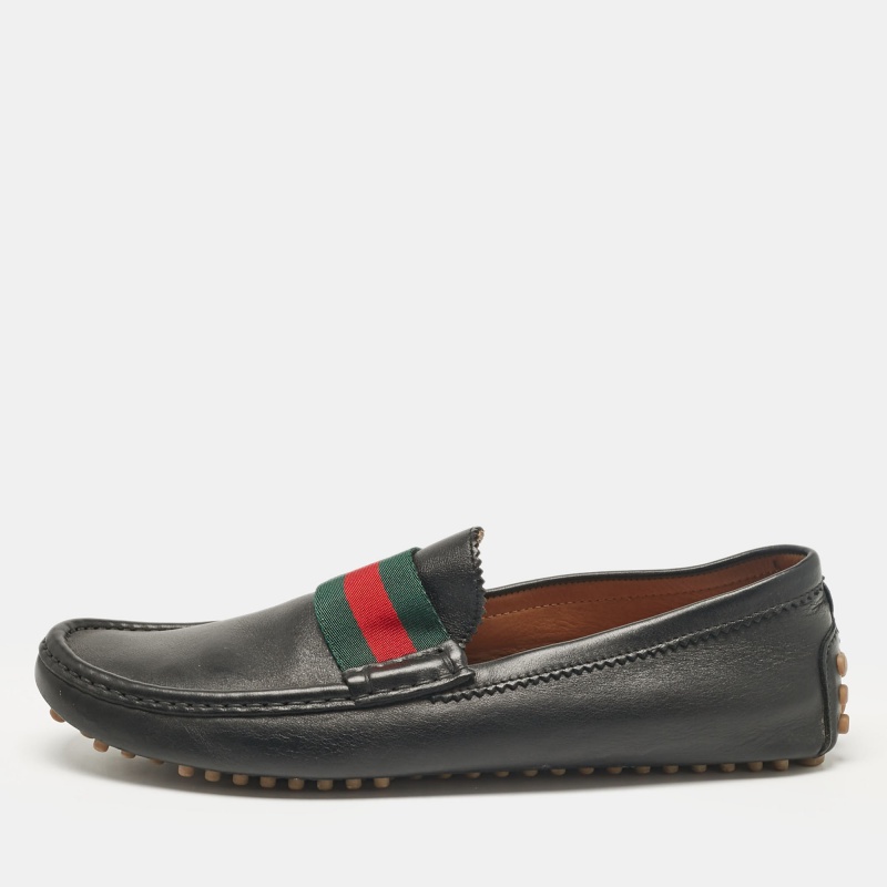 Pre-owned Gucci Black Leather Vintage Web Detail Loafers Size 43.5